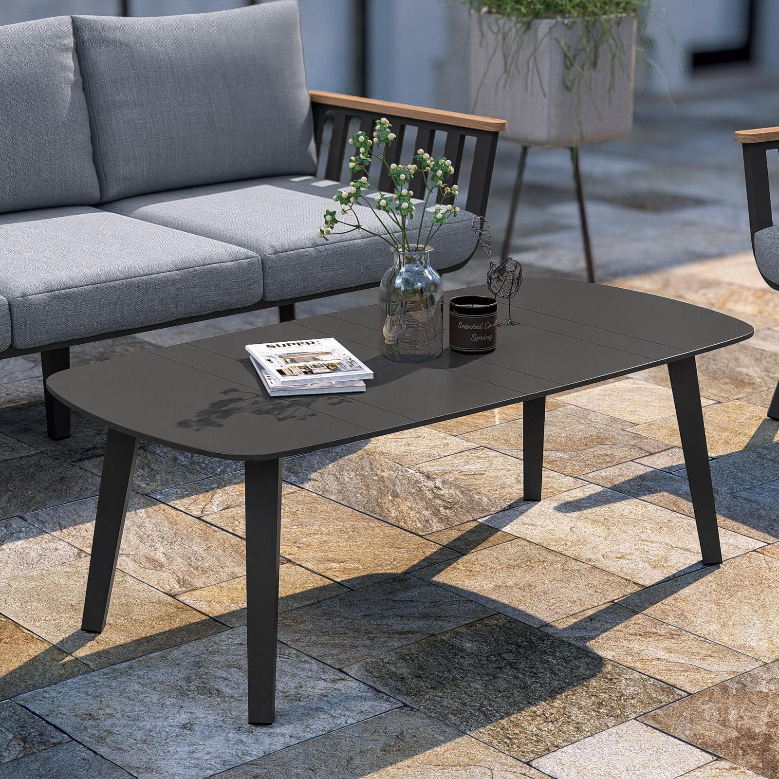 Set relax 5 posti in alluminio nero opaco con braccioli effetto legno e cuscini - Vallarta