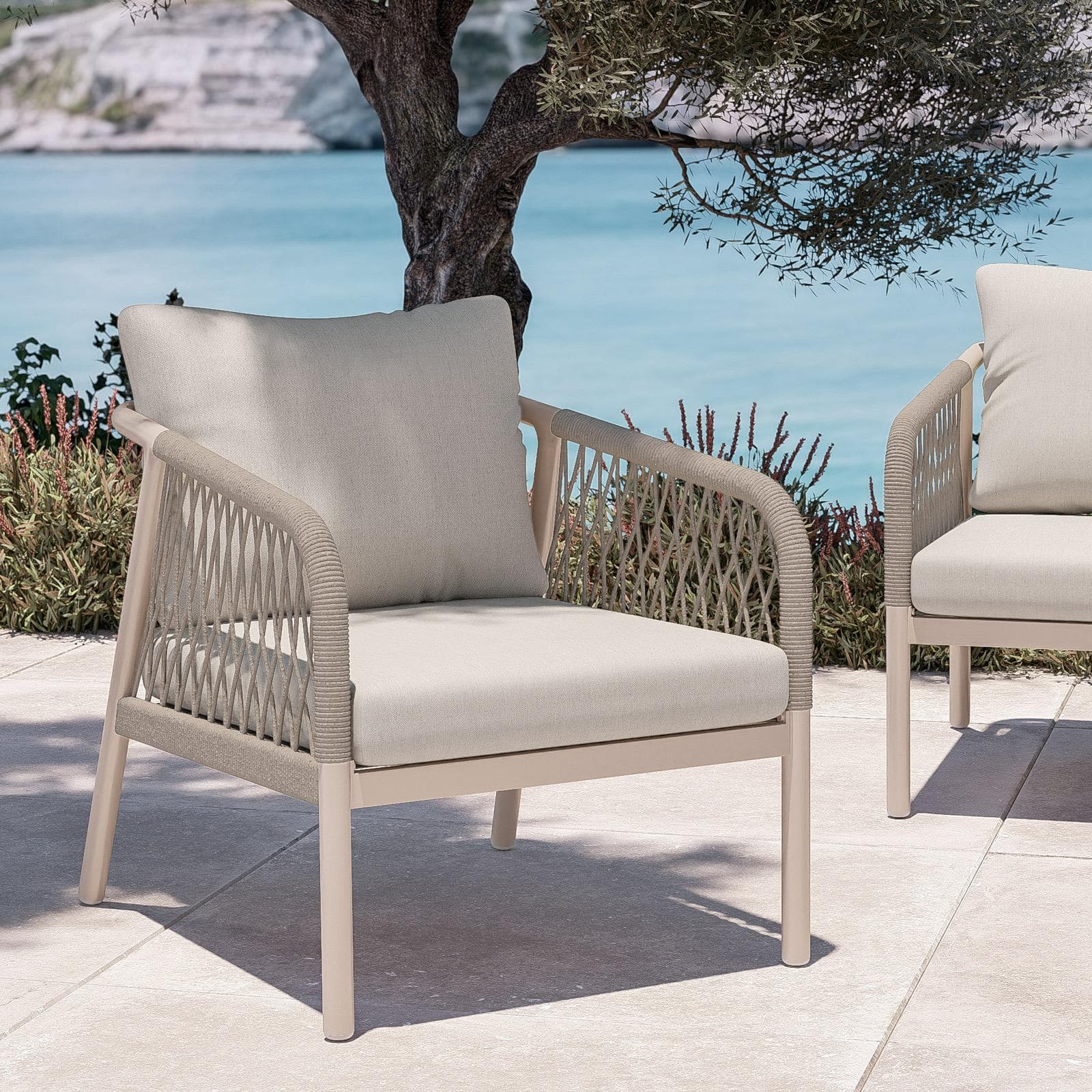 Set relax 5 posti in alluminio tortora con cuscini e dettagli in corda beige - Saffron