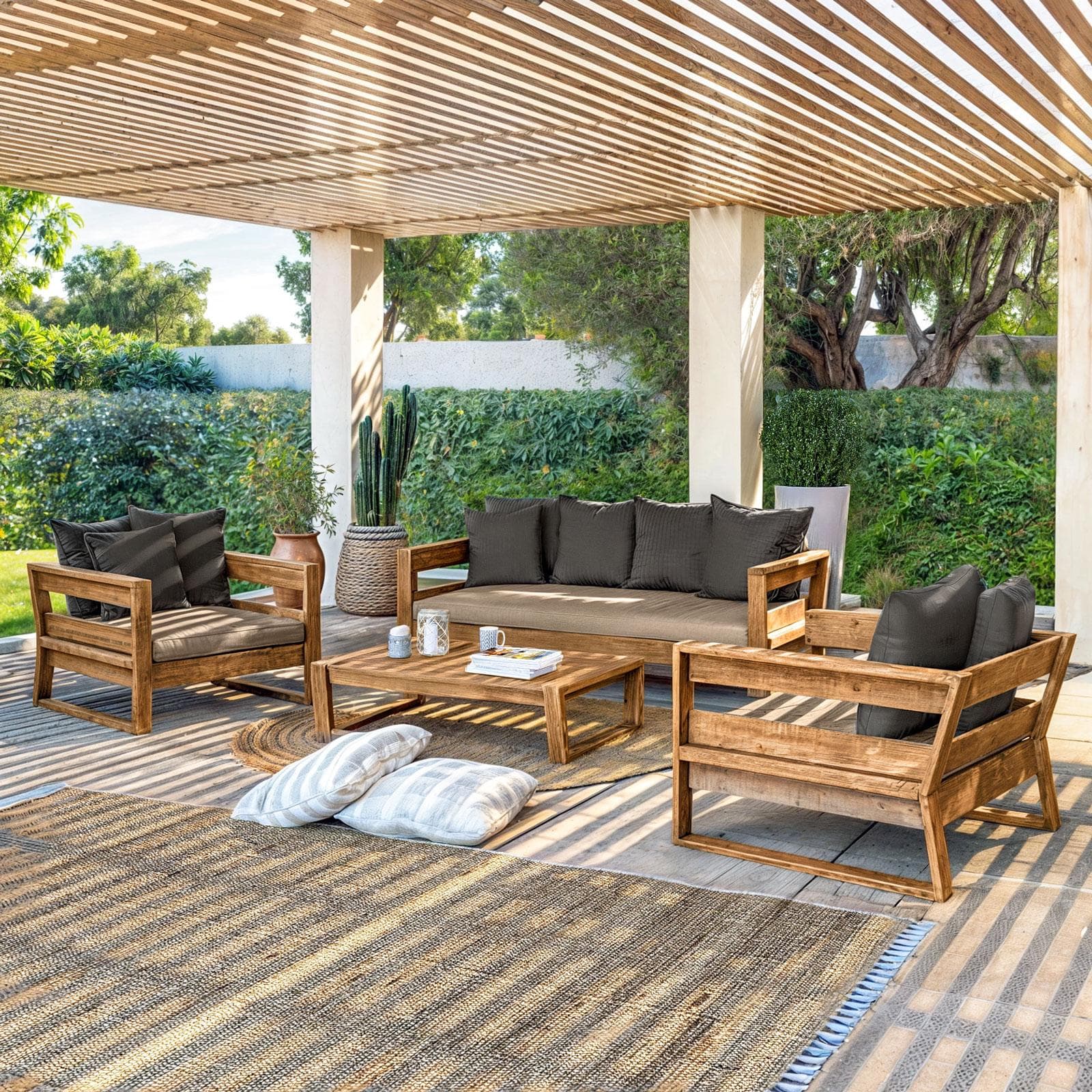 Set relax 5 posti in legno teak con cuscini grigio scuro - Cairo