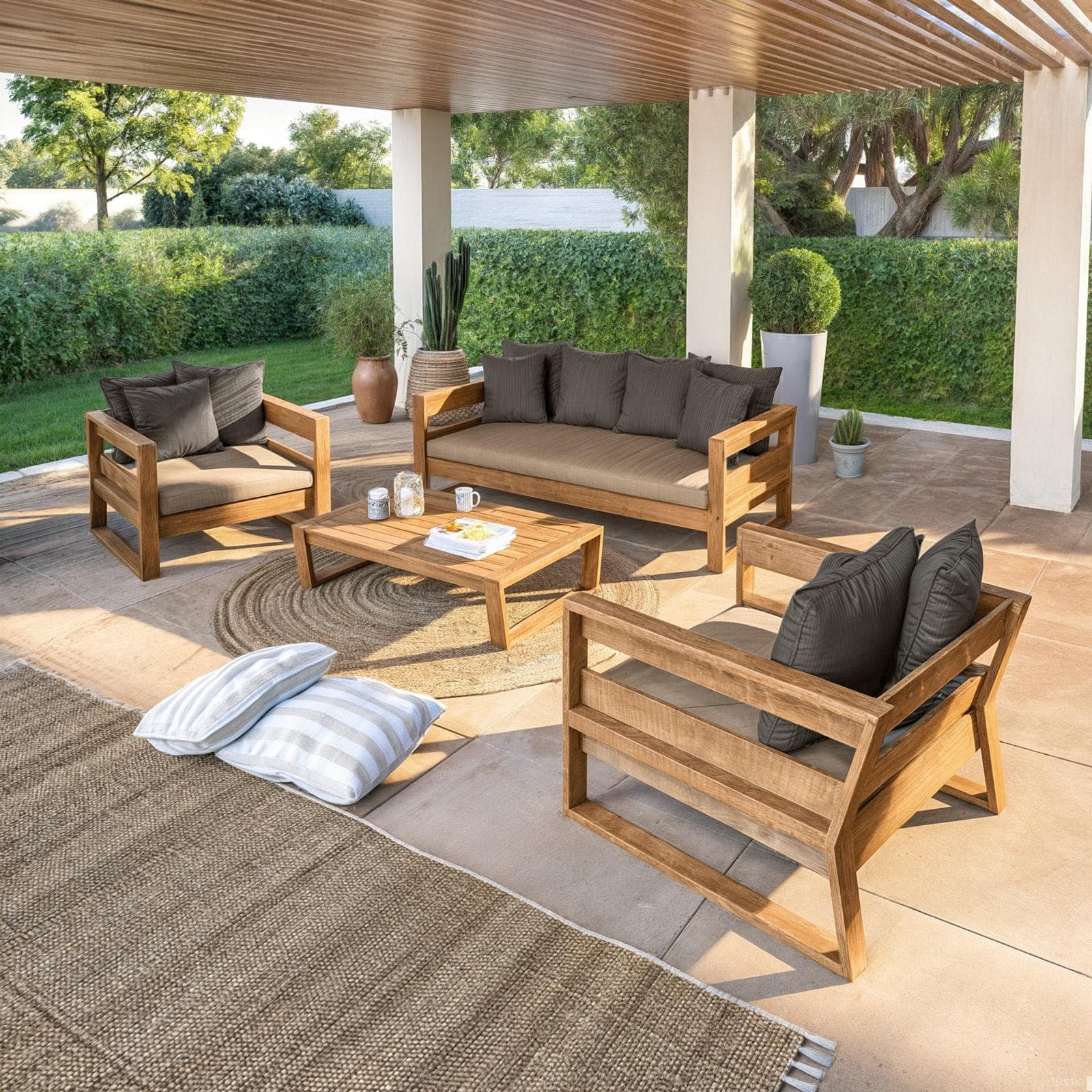 Set relax 5 posti in legno teak con cuscini grigio scuro - Cairo
