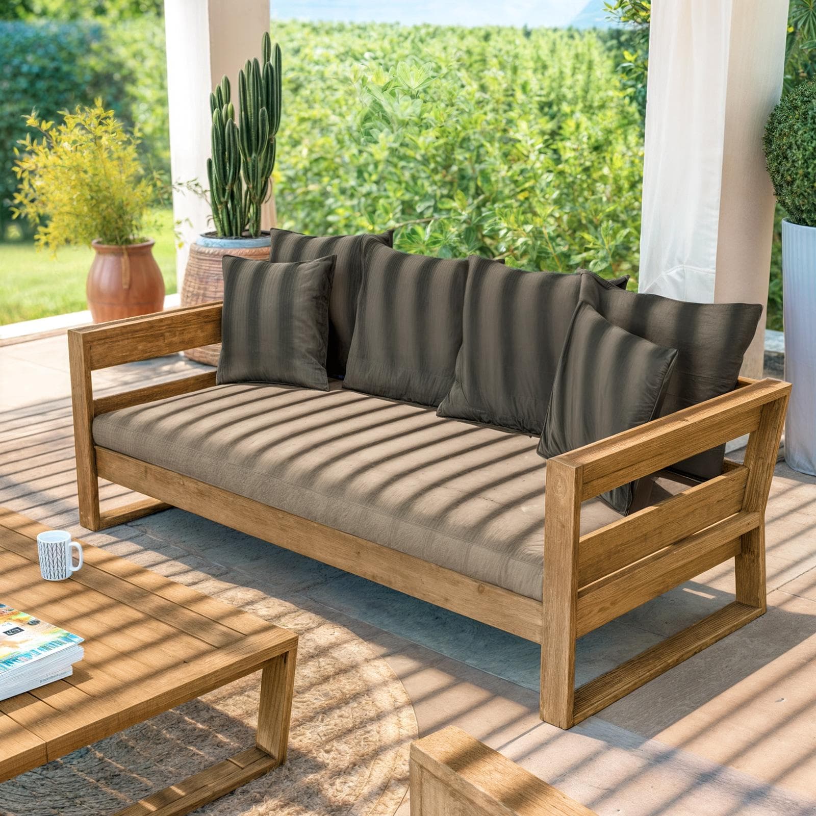 Set relax 5 posti in legno teak con cuscini grigio scuro - Cairo