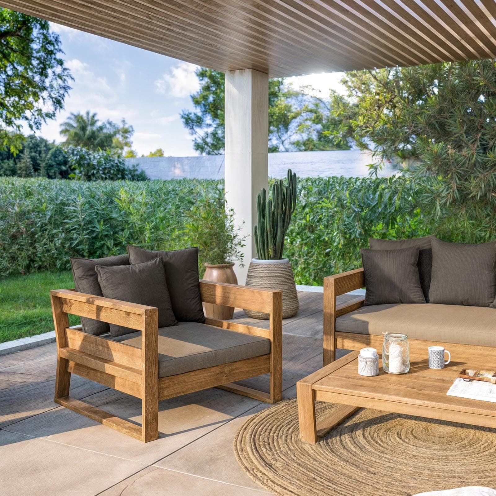 Set relax 5 posti in legno teak con cuscini grigio scuro - Cairo