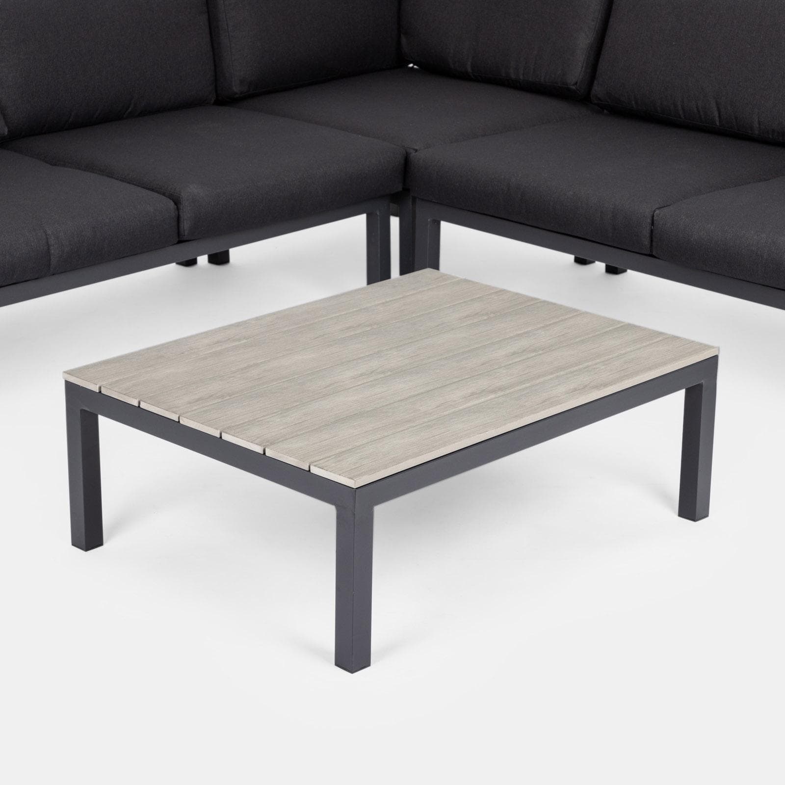 Set relax angolare antracite con tavolino in alluminio e polywood - Stephane