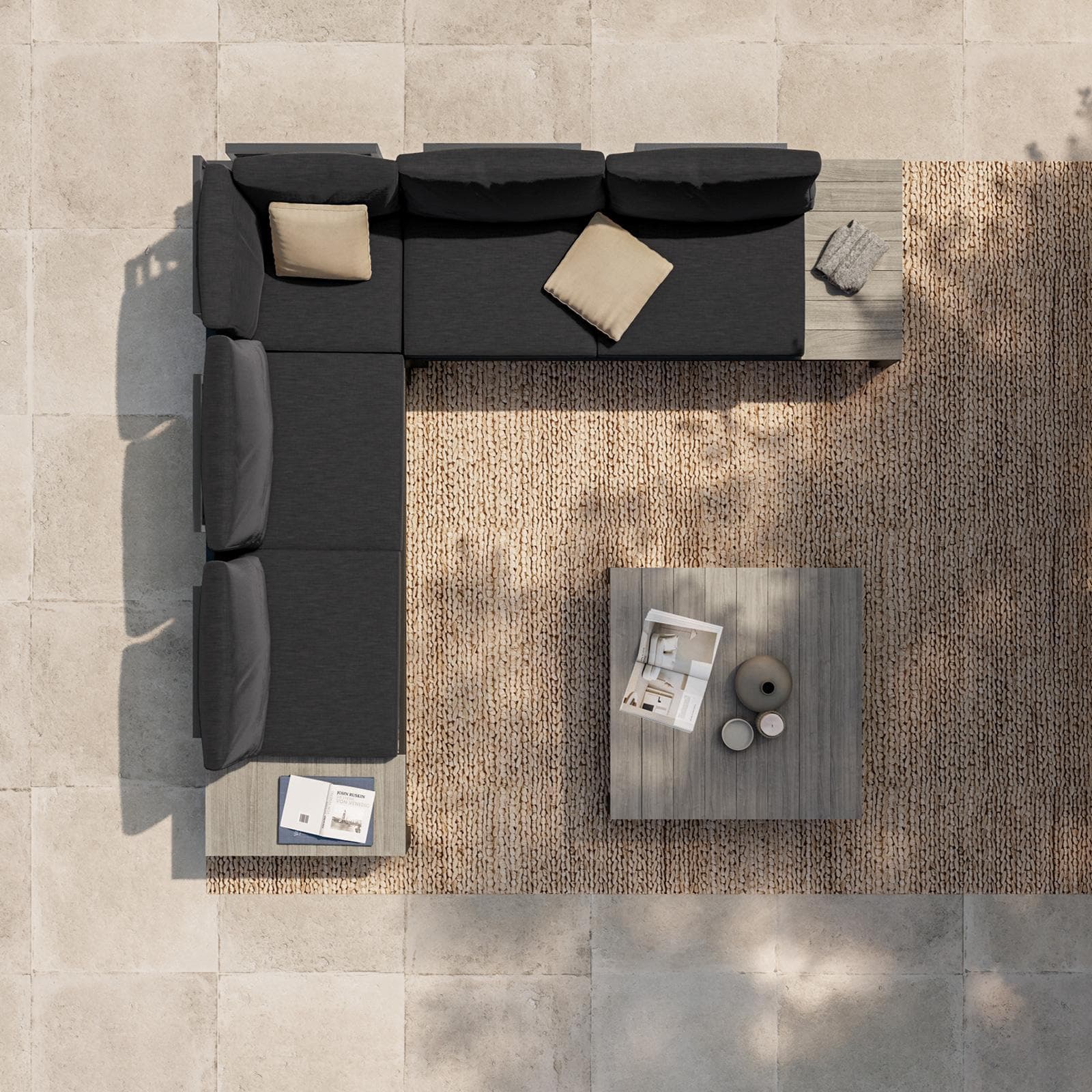 Set relax angolare antracite con tavolino in alluminio e polywood - Stephane