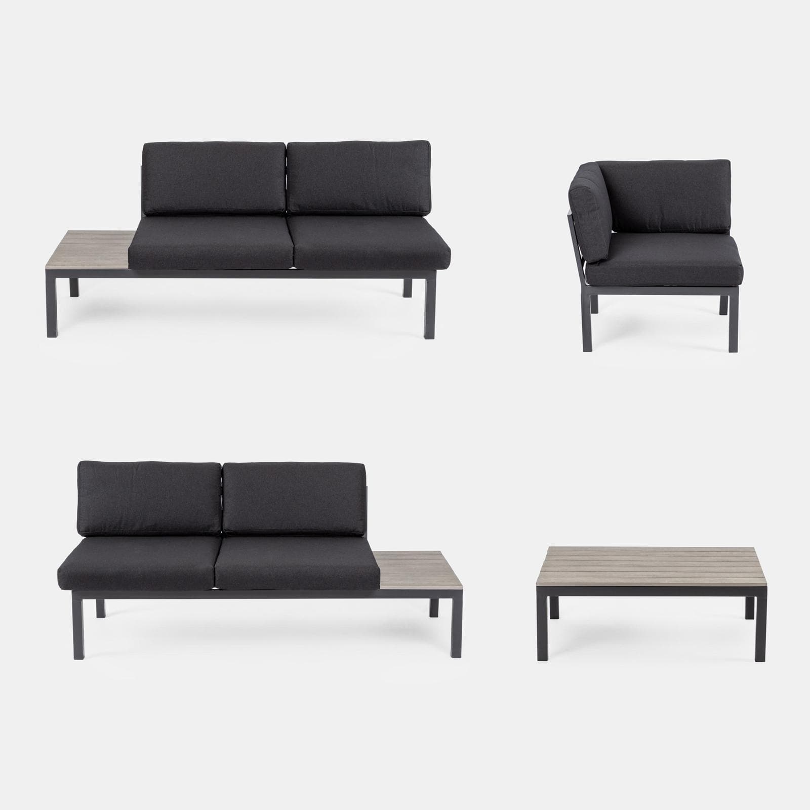 Set relax angolare antracite con tavolino in alluminio e polywood - Stephane