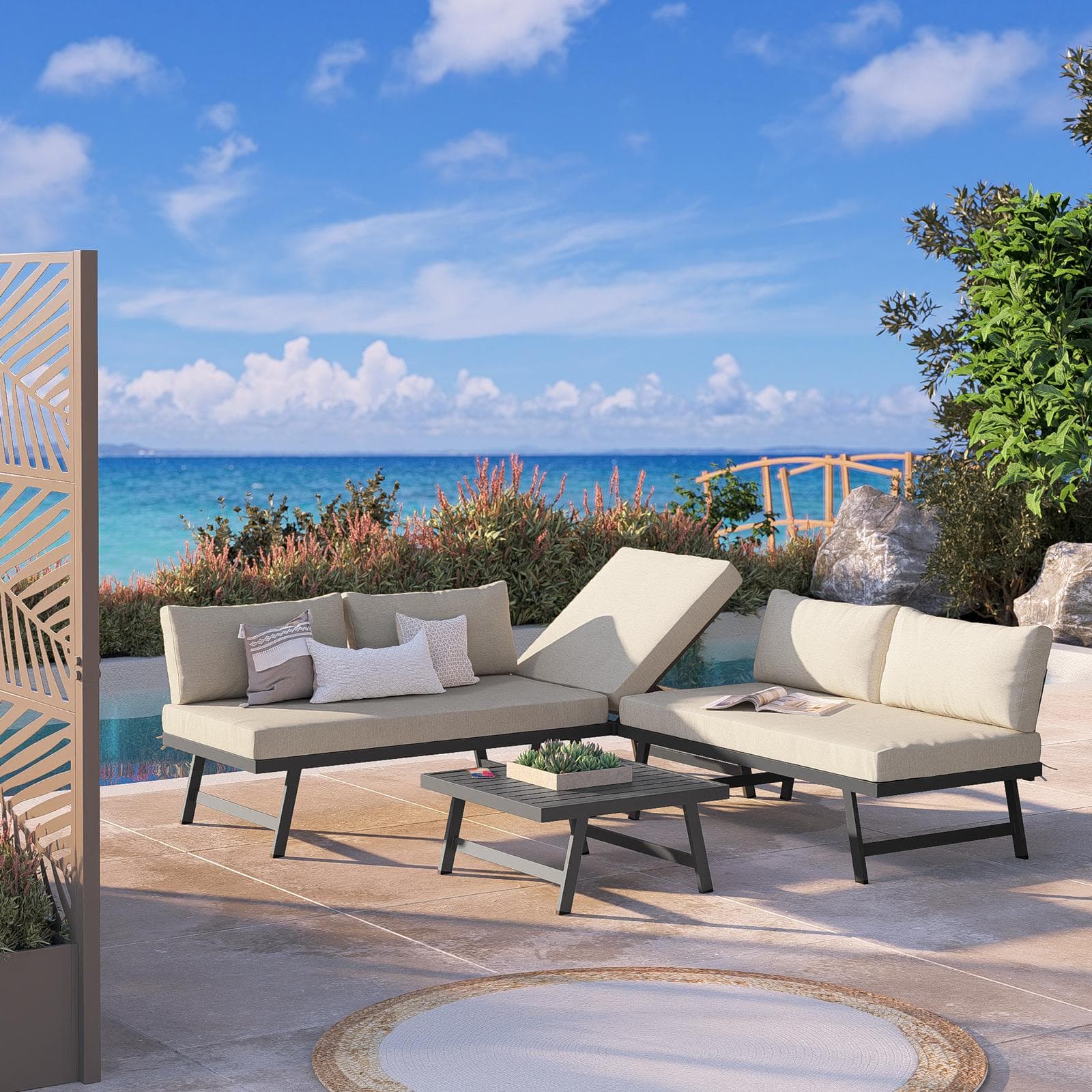 Set relax angolare divano con schienale reclinabile e tavolino in alluminio antracite - Torres