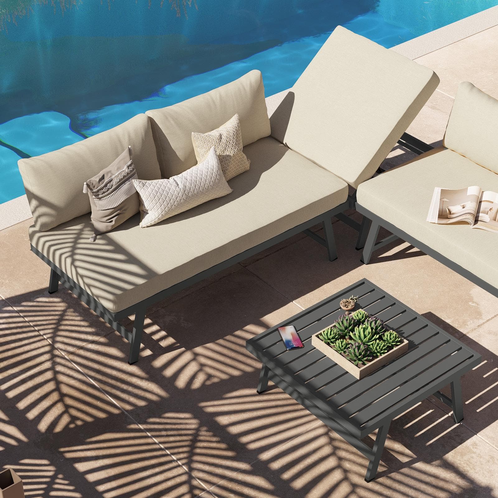 Set relax angolare divano con schienale reclinabile e tavolino in alluminio antracite - Torres