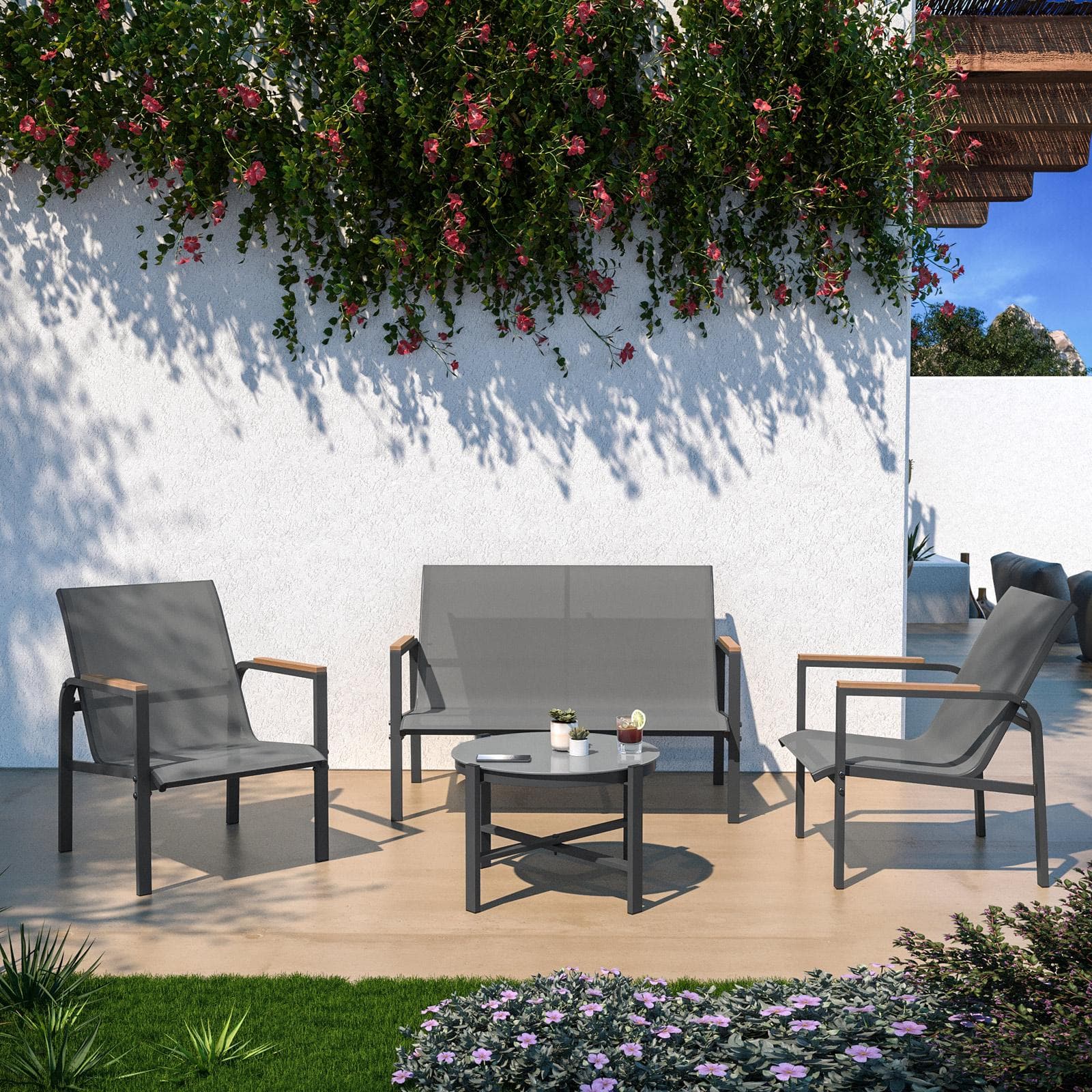 Set relax 4 posti con tavolino in acciaio e textilene antracite e dettagli in polywood - Veski
