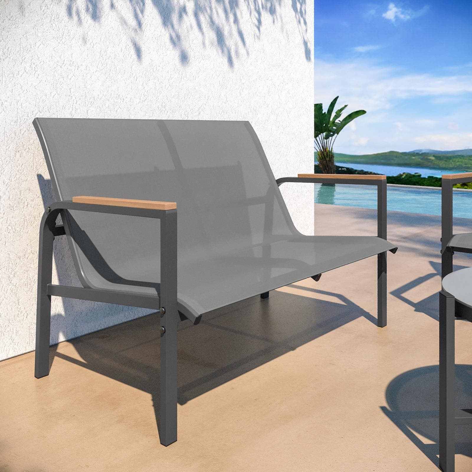 Set relax 4 posti con tavolino in acciaio e textilene antracite e dettagli in polywood - Veski