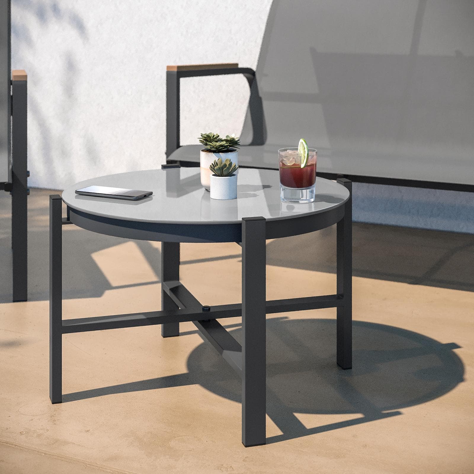 Set relax 4 posti con tavolino in acciaio e textilene antracite e dettagli in polywood - Veski