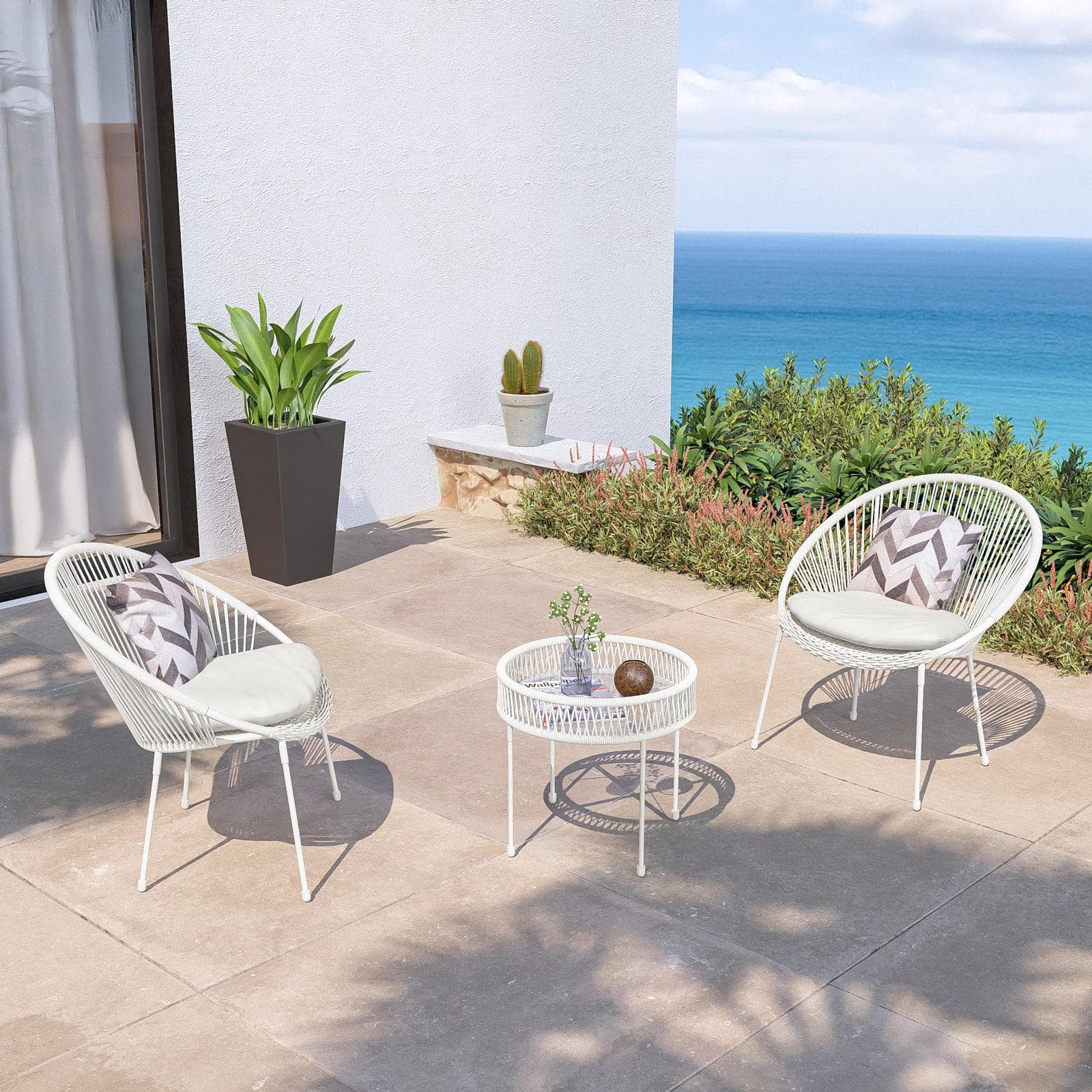 Set relax 2 poltrone e tavolino rotondo 51 cm in acciaio e corda bianca - Ikapia