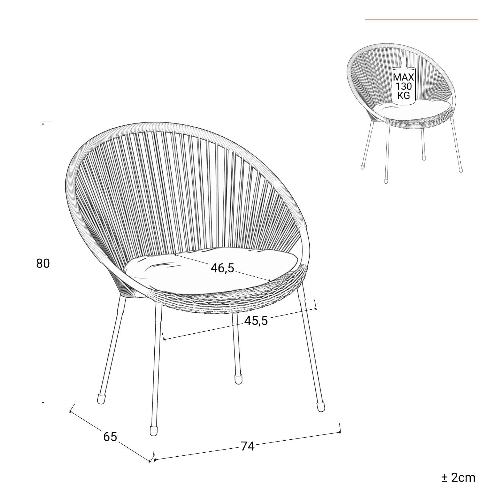 Set relax 2 poltrone e tavolino rotondo 51 cm in acciaio e corda bianca - Ikapia