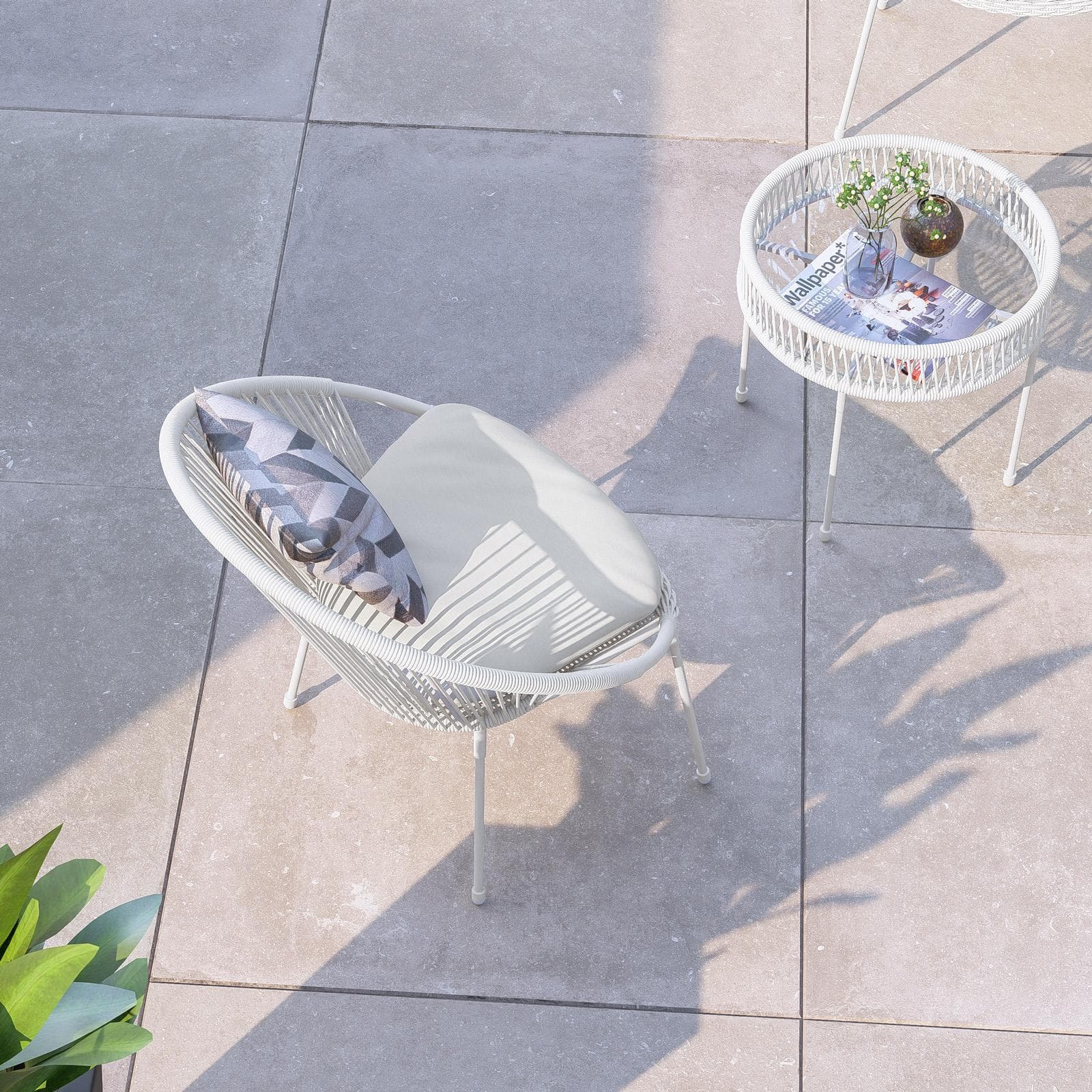 Set relax 2 poltrone e tavolino rotondo 51 cm in acciaio e corda bianca - Ikapia