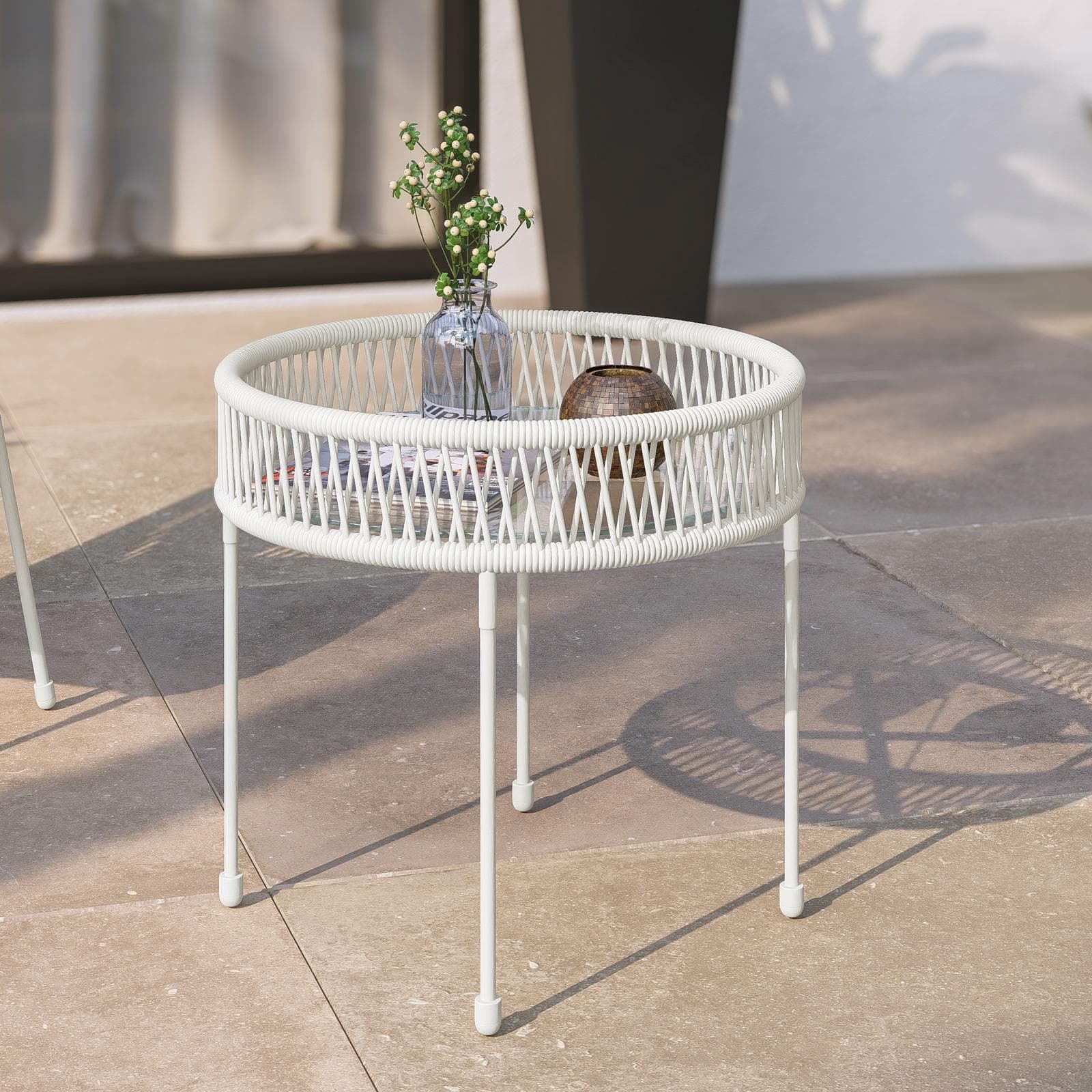 Set relax 2 poltrone e tavolino rotondo 51 cm in acciaio e corda bianca - Ikapia