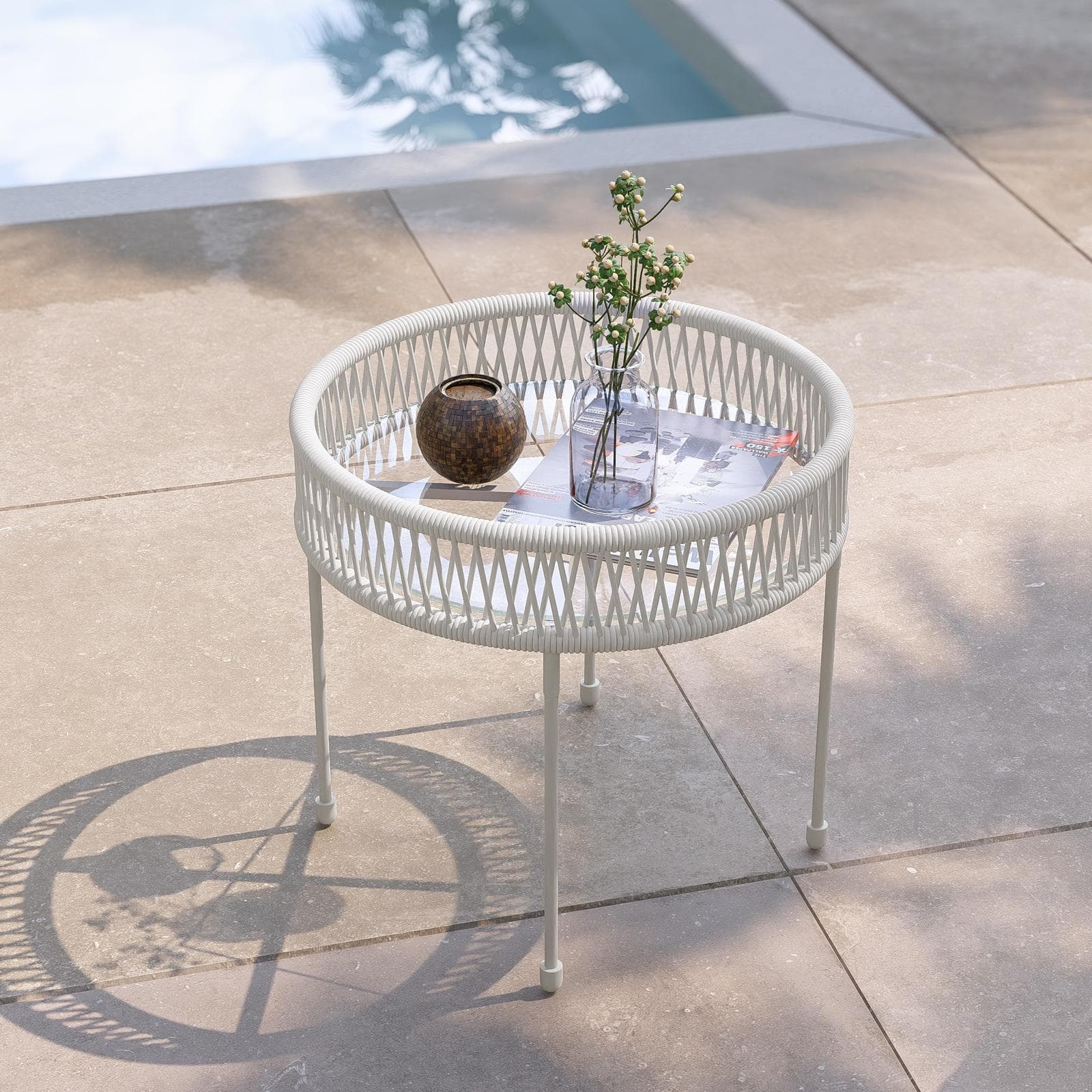 Set relax 2 poltrone e tavolino rotondo 51 cm in acciaio e corda bianca - Ikapia
