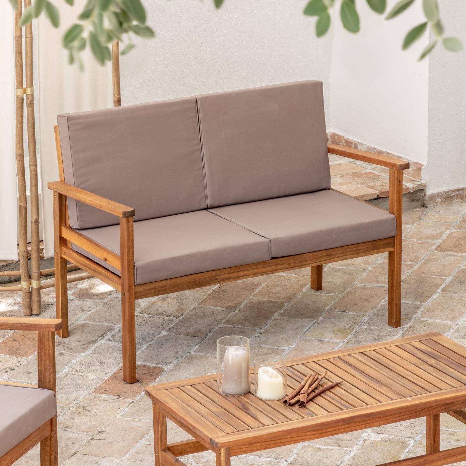 Set relax divano due poltrone e tavolino da caffè in legno di acacia con cuscini imbottiti - Paja