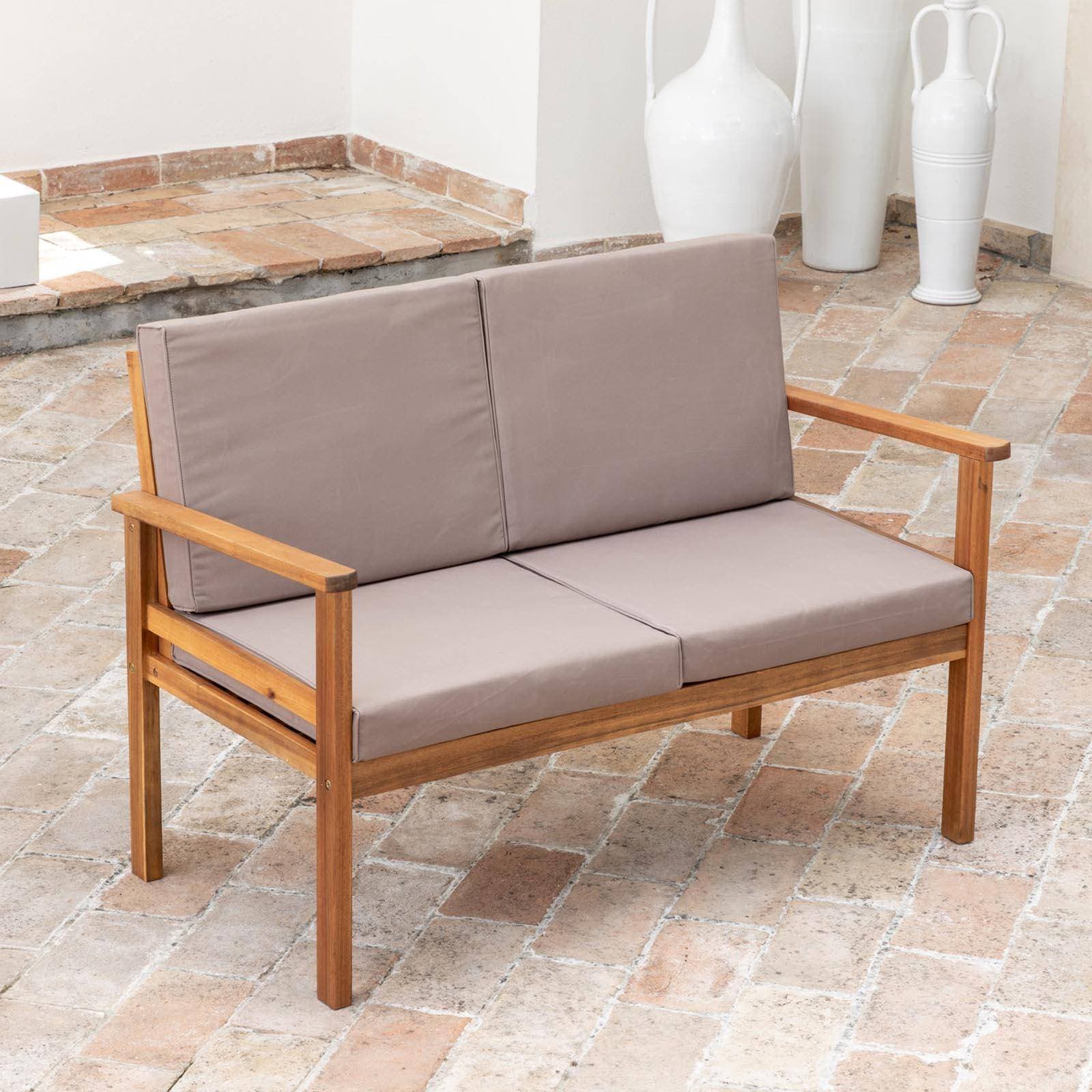 Set relax divano due poltrone e tavolino da caffè in legno di acacia con cuscini imbottiti - Paja