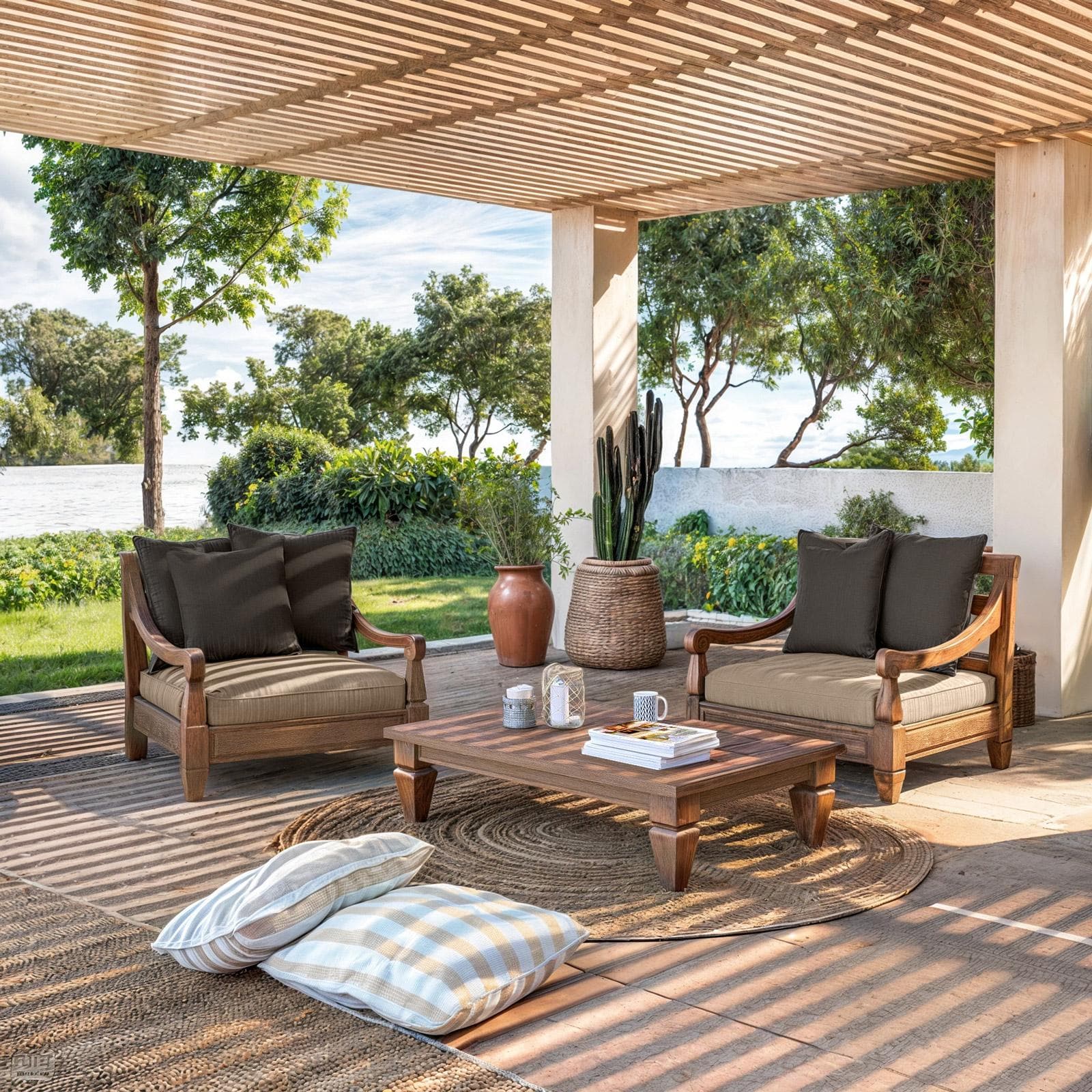 Set relax con 2 poltrone e tavolino in legno teak con cuscini grigio scuro - Iguazu