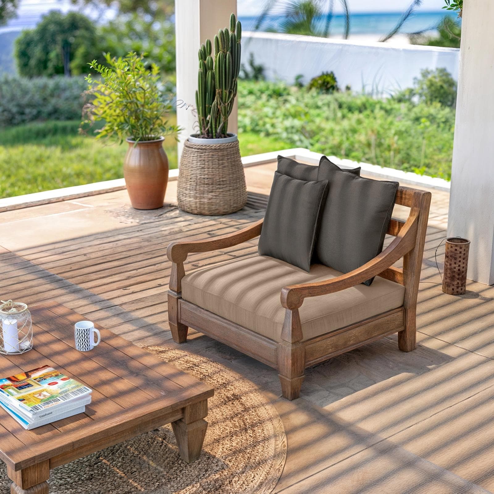 Set relax con 2 poltrone e tavolino in legno teak con cuscini grigio scuro - Iguazu