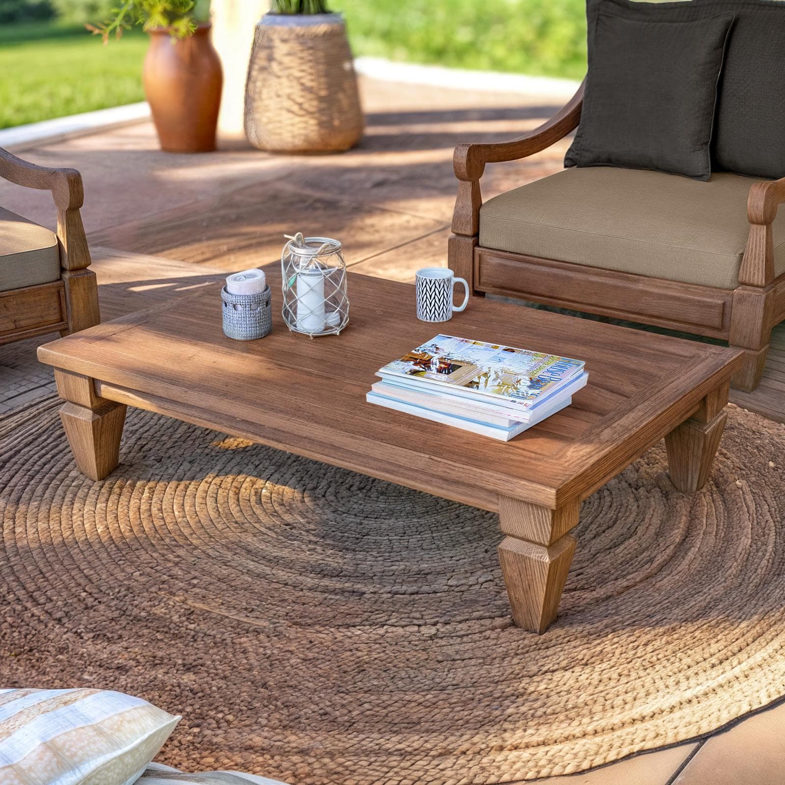 Set relax con 2 poltrone e tavolino in legno teak con cuscini grigio scuro - Iguazu