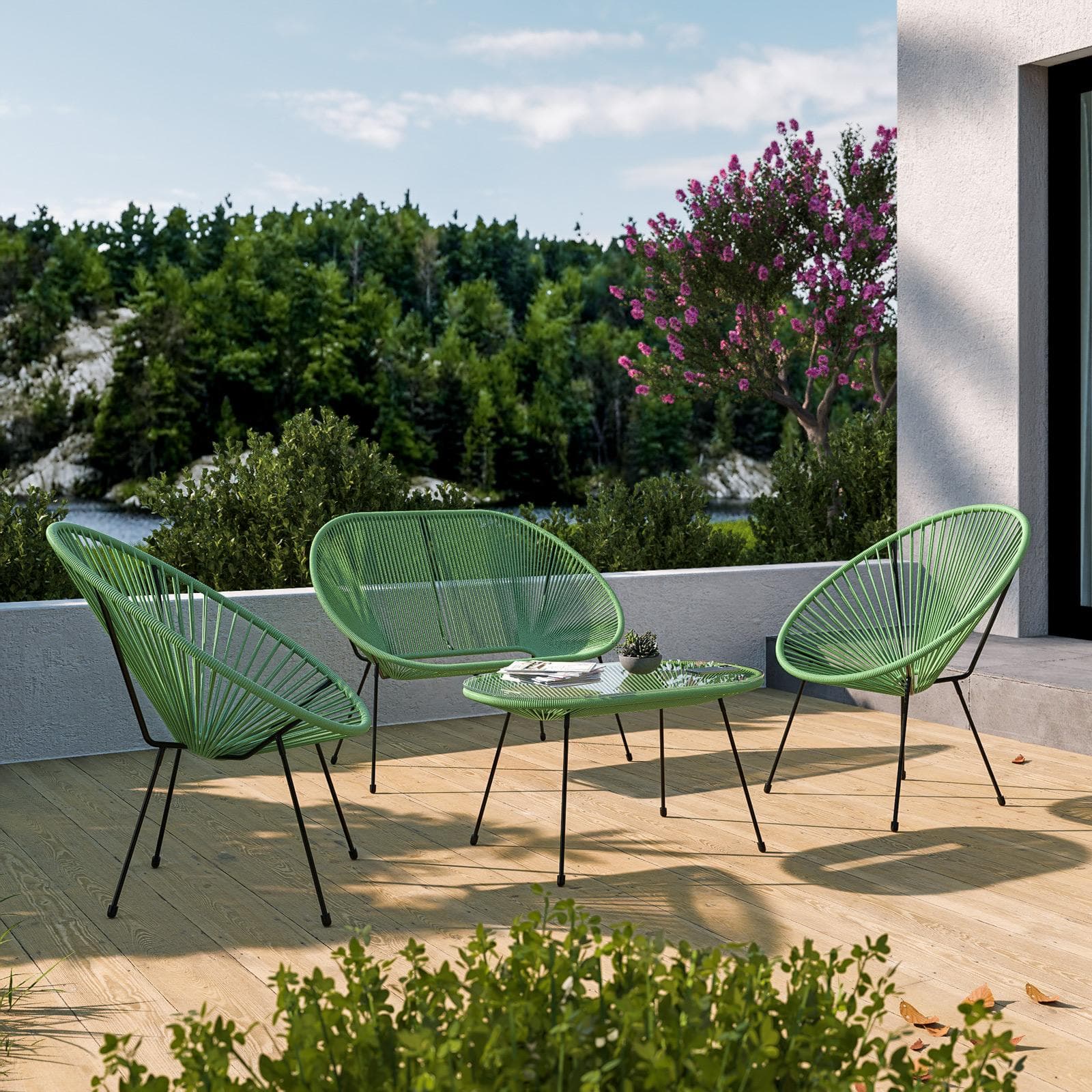 Set relax con divano 2 poltrone e tavolino 90x45 cm in metallo nero e corda verde - Kalimba