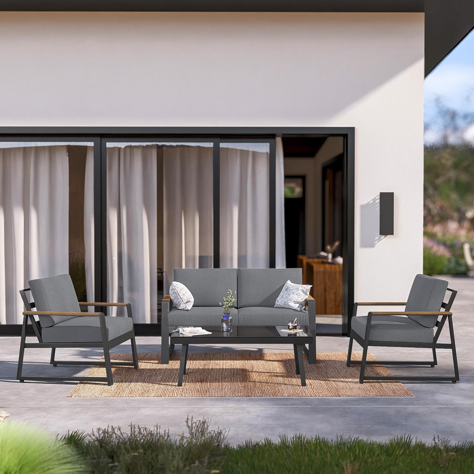 Set relax divano 2 poltrone e tavolino con top in vetro in alluminio antracite con cuscini - Sombrero