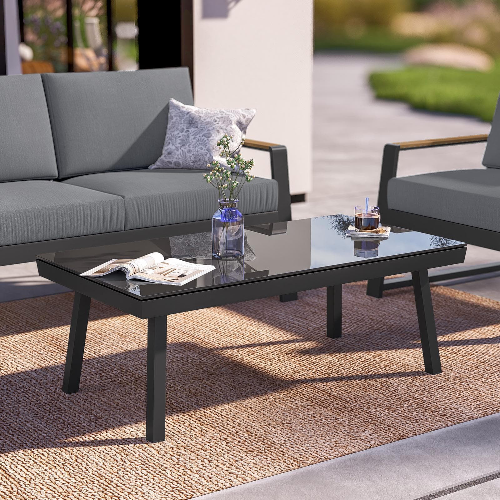 Set relax divano 2 poltrone e tavolino con top in vetro in alluminio antracite con cuscini - Sombrero
