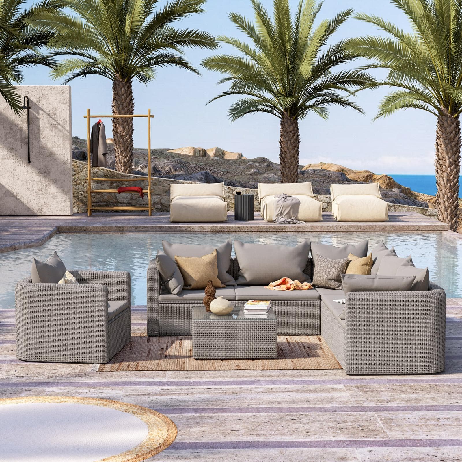 Set relax con divano angolare poltrona e tavolino da caffè in polyrattan tortora - Horizon