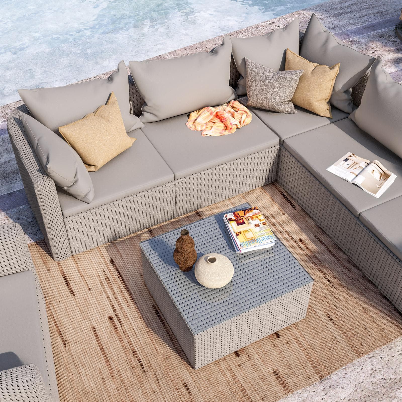 Set relax con divano angolare poltrona e tavolino da caffè in polyrattan tortora - Horizon