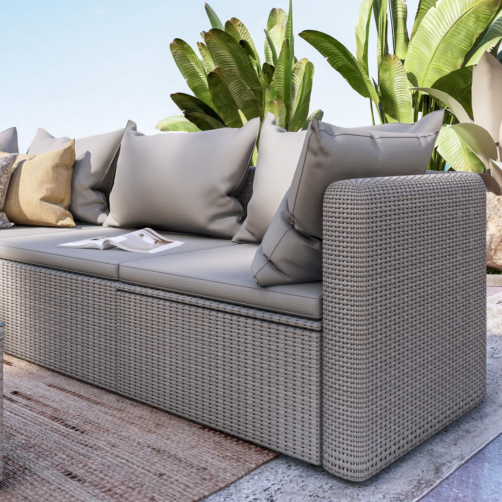 Set relax con divano angolare poltrona e tavolino da caffè in polyrattan tortora - Horizon