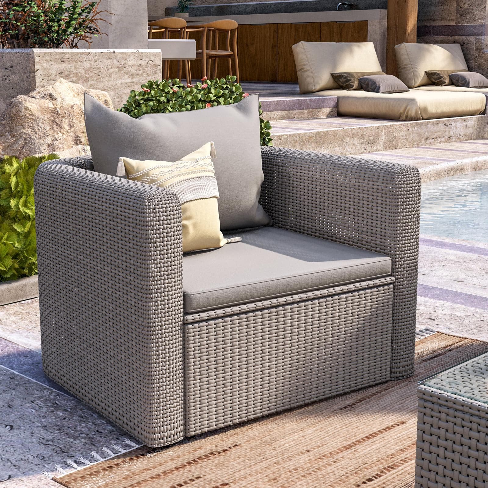 Set relax con divano angolare poltrona e tavolino da caffè in polyrattan tortora - Horizon