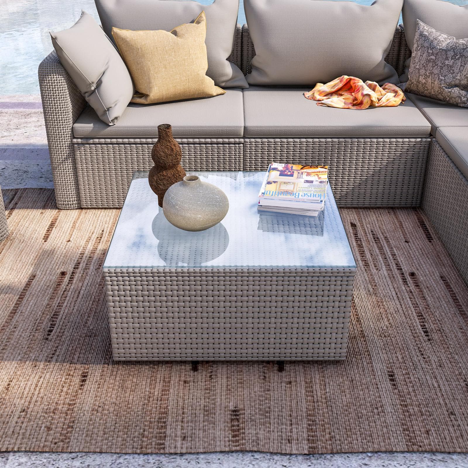 Set relax con divano angolare poltrona e tavolino da caffè in polyrattan tortora - Horizon