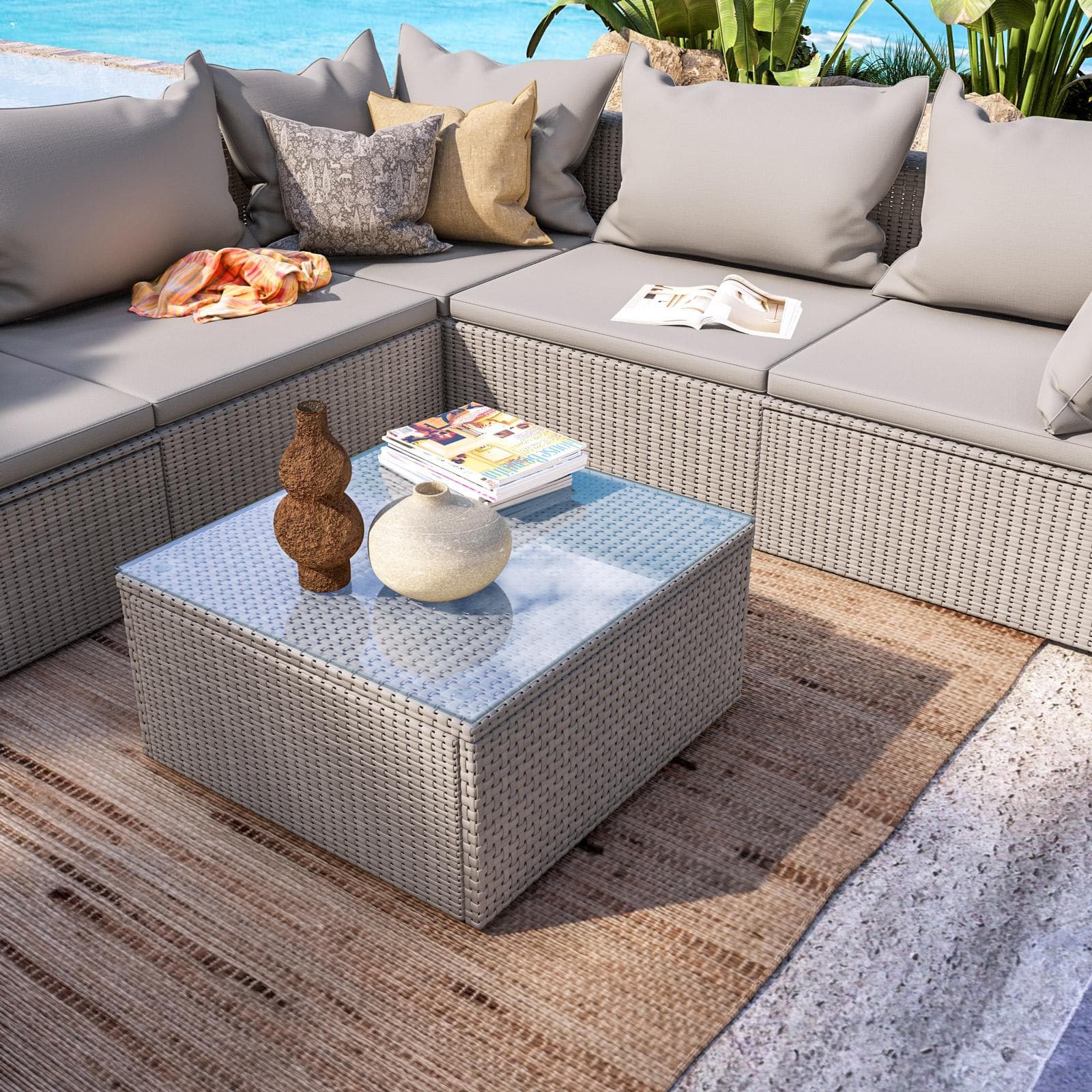 Set relax con divano angolare poltrona e tavolino da caffè in polyrattan tortora - Horizon
