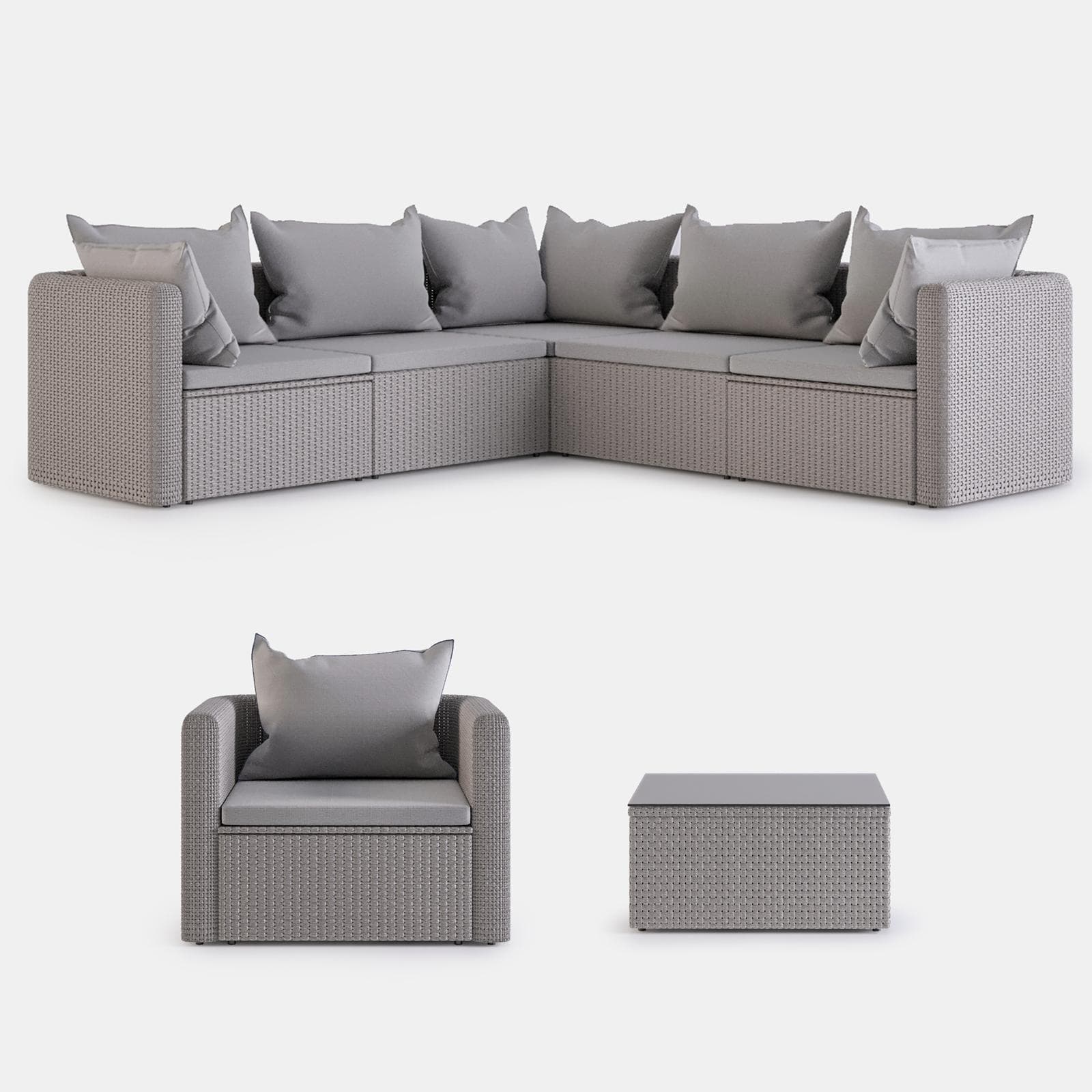 Set relax con divano angolare poltrona e tavolino da caffè in polyrattan tortora - Horizon