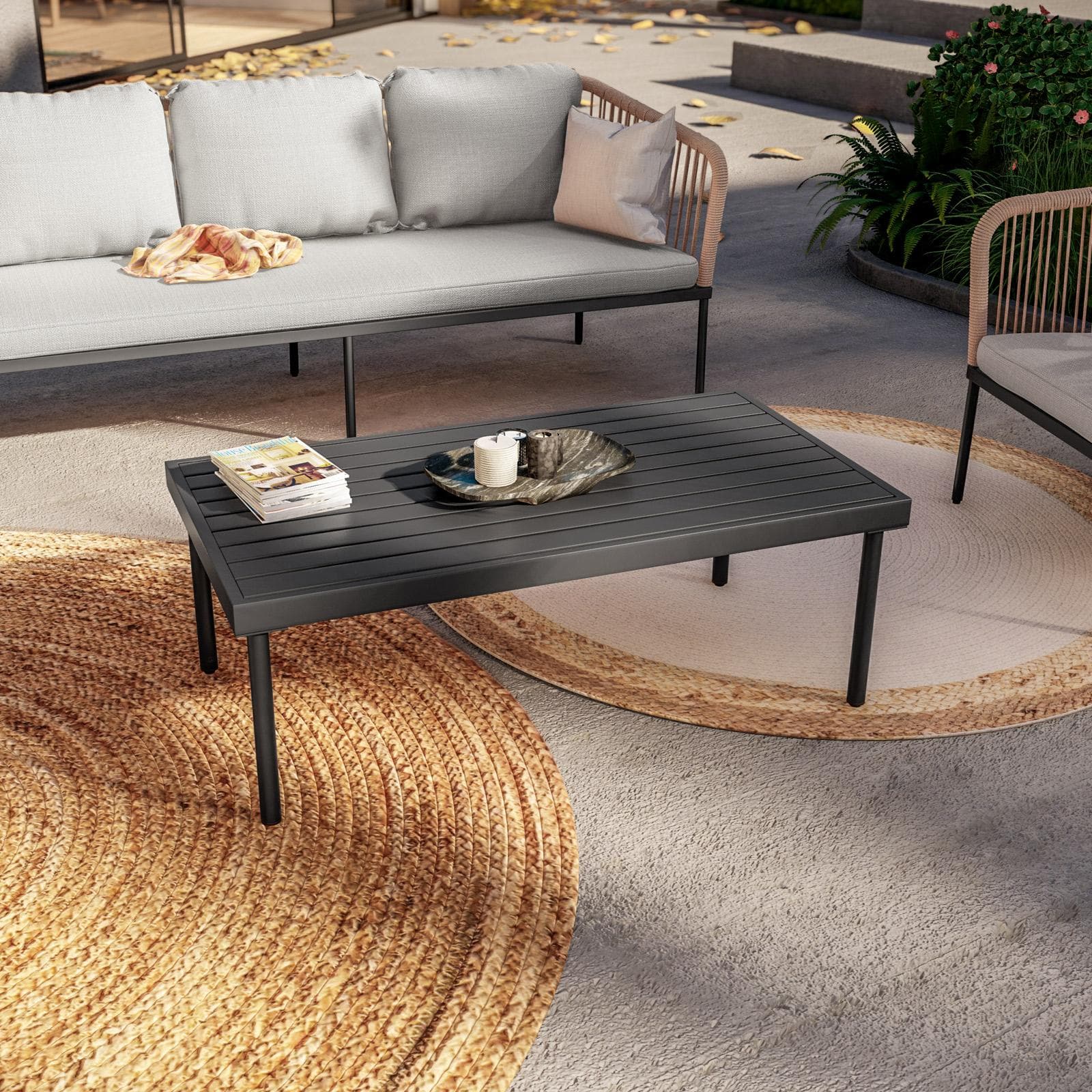 Set relax da giardino 5 posti in corda beige con cuscini grigio chiaro - Gamora
