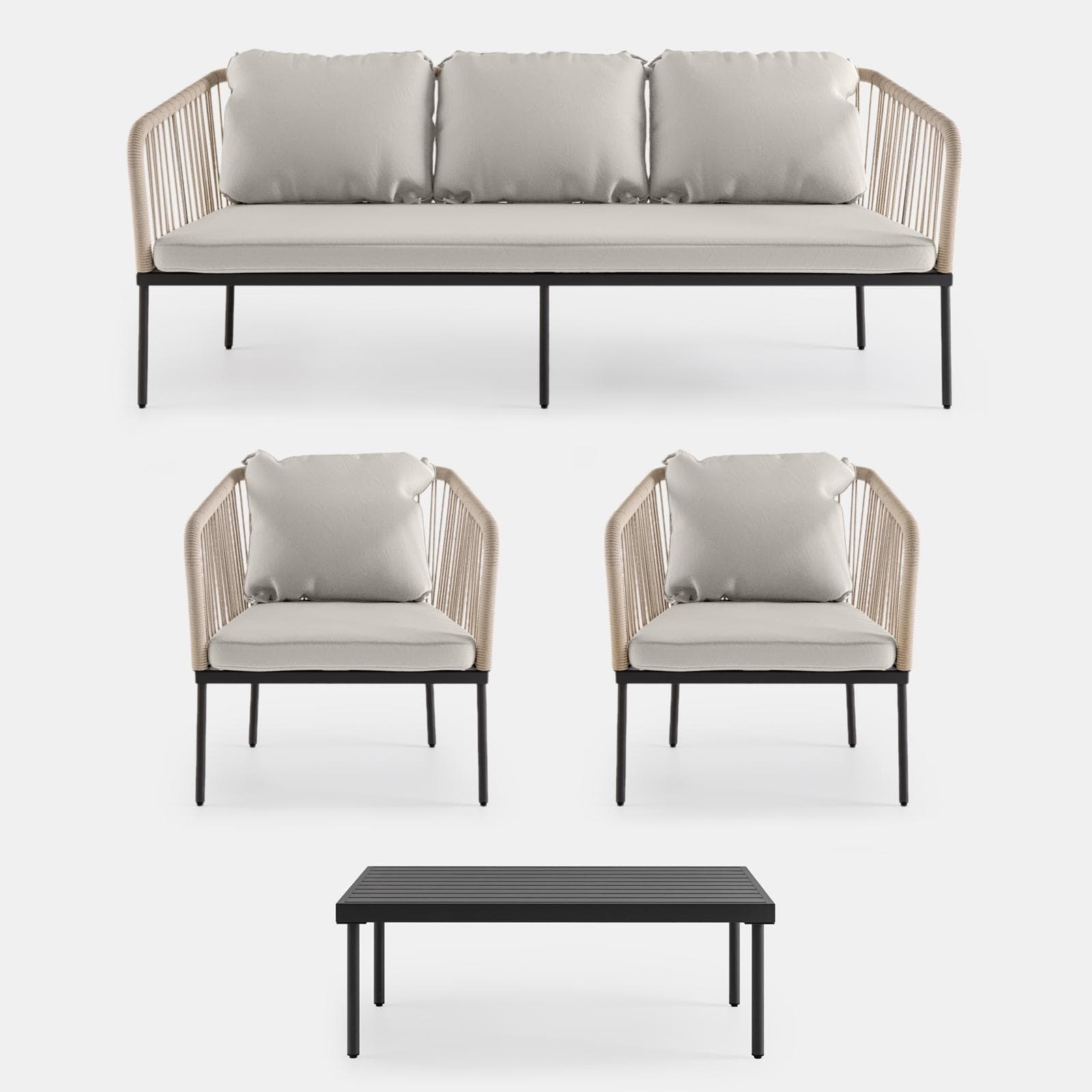 Set relax da giardino 5 posti in corda beige con cuscini grigio chiaro - Gamora