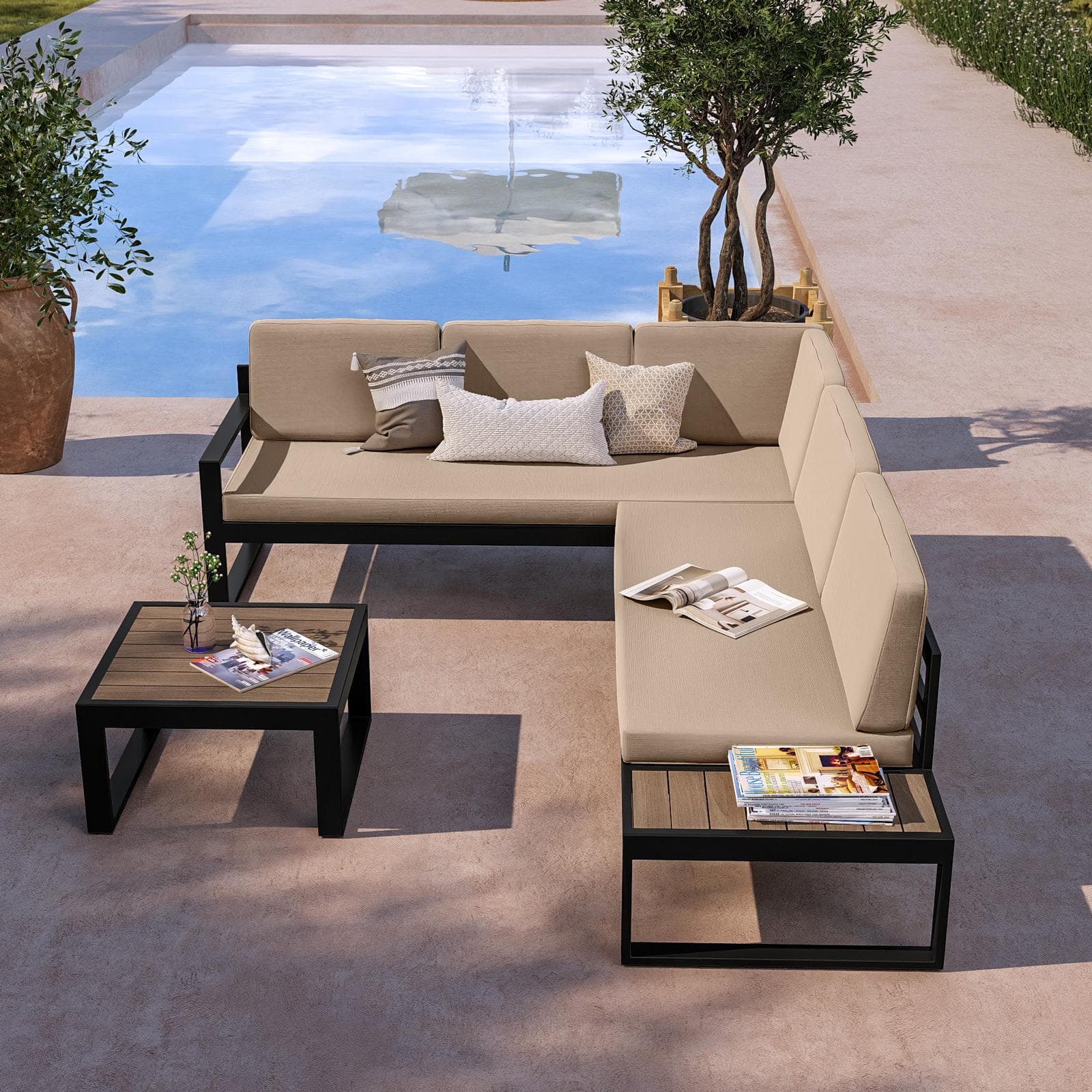 Set relax con divano angolare e tavolino in alluminio antracite con cuscini ecrù - Kavos