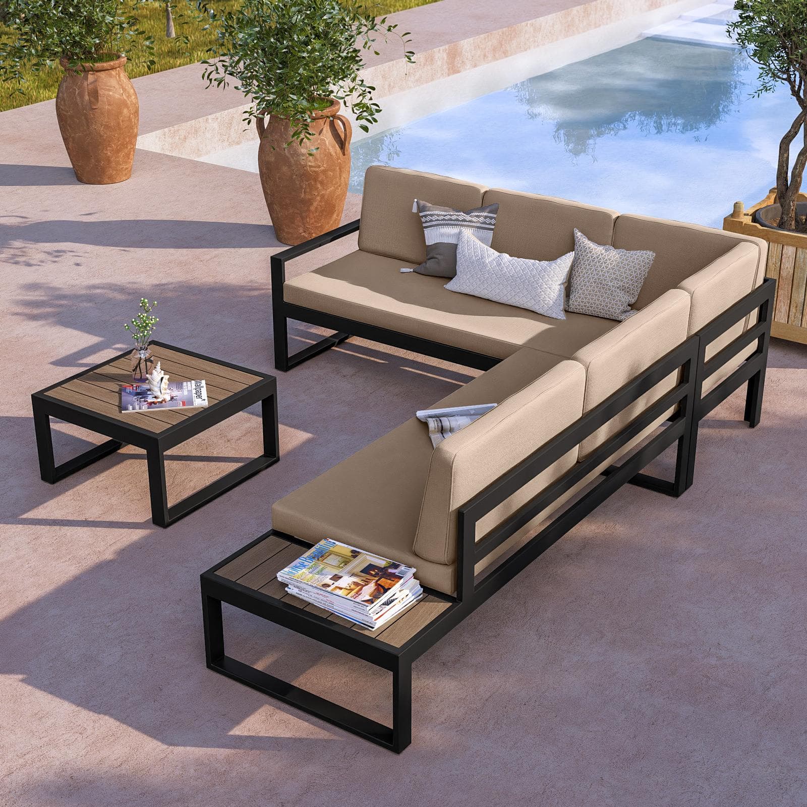 Set relax con divano angolare e tavolino in alluminio antracite con cuscini ecrù - Kavos