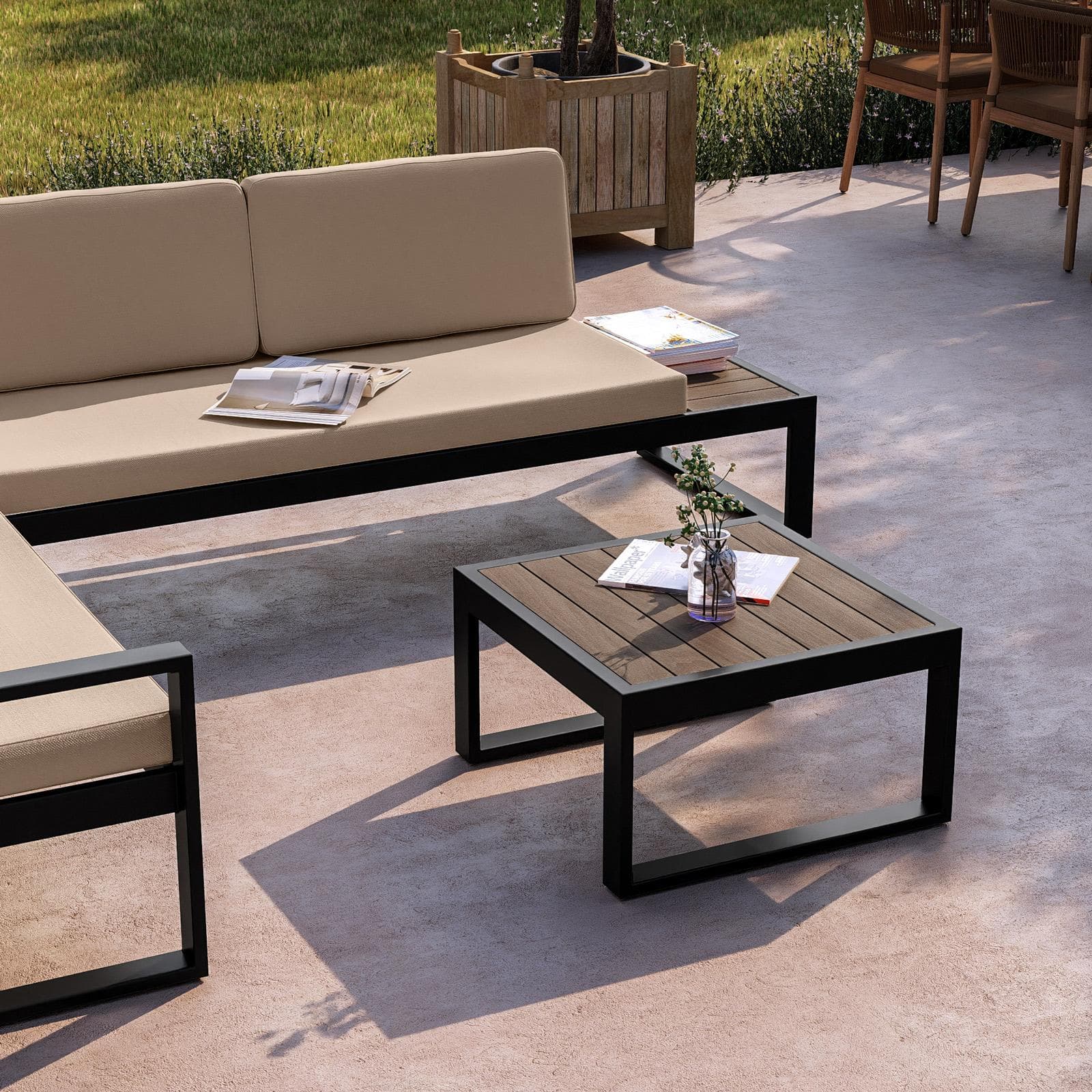 Set relax con divano angolare e tavolino in alluminio antracite con cuscini ecrù - Kavos