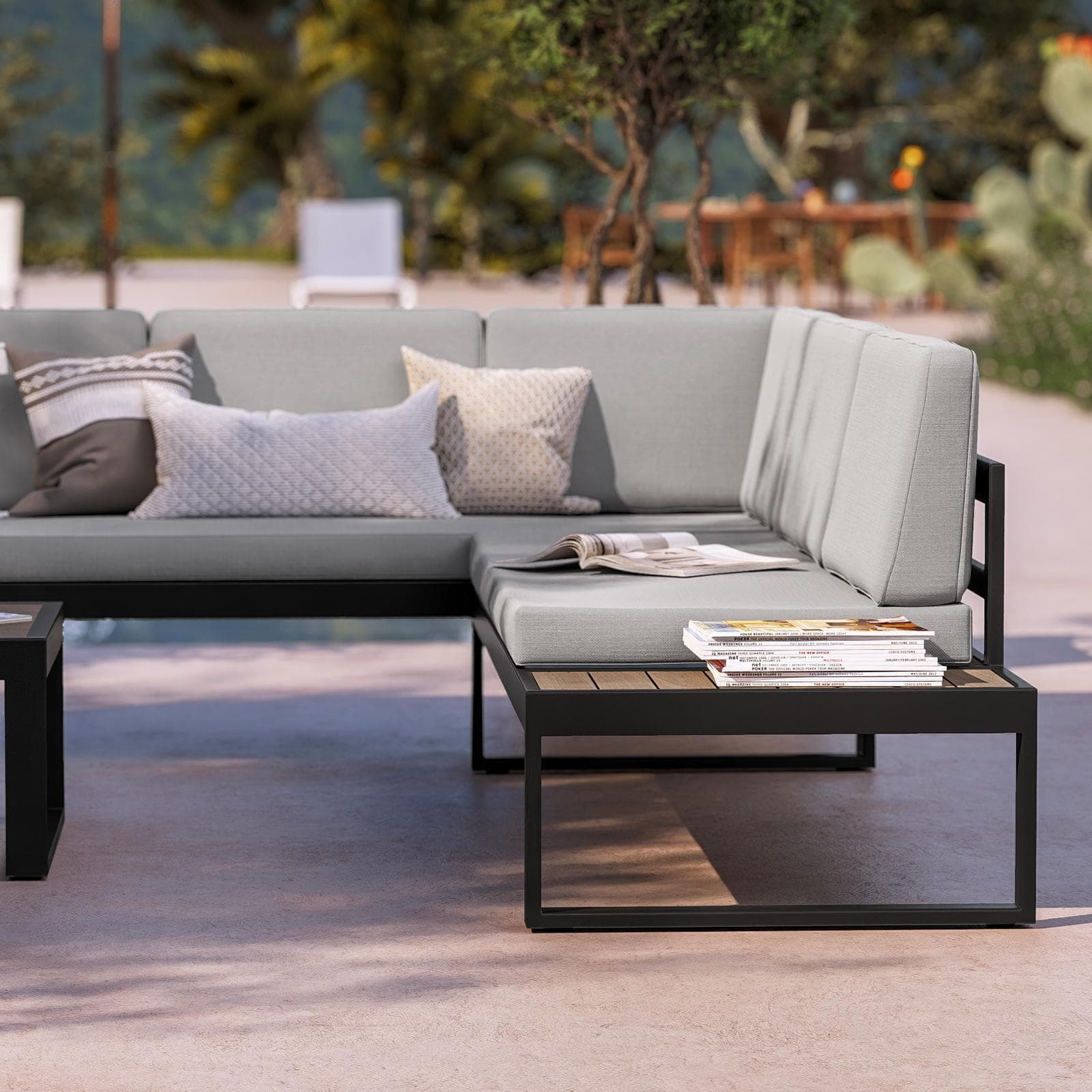 Set relax con divano angolare e tavolino in alluminio antracite con cuscini grigi - Kavos