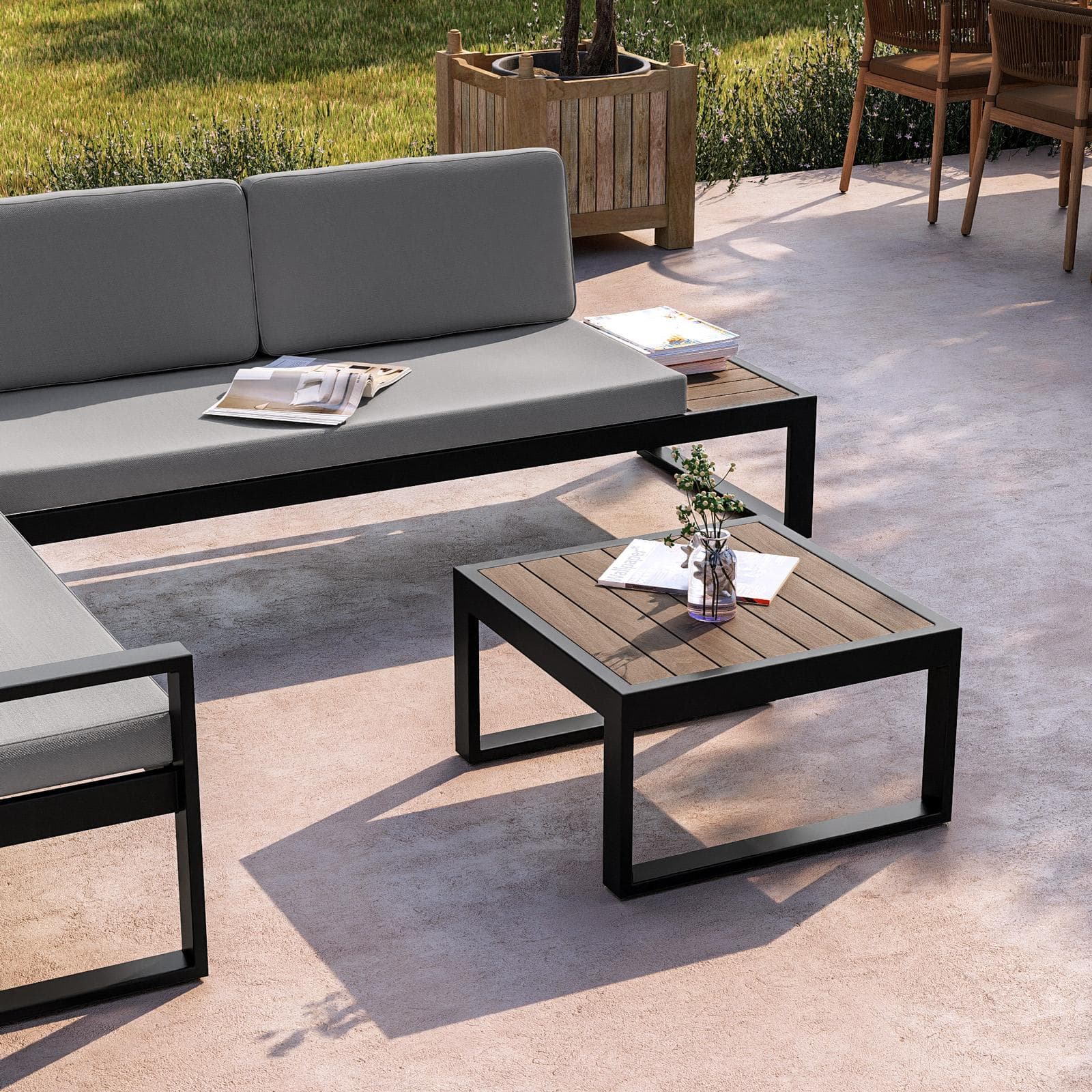 Set relax con divano angolare e tavolino in alluminio antracite con cuscini grigi - Kavos