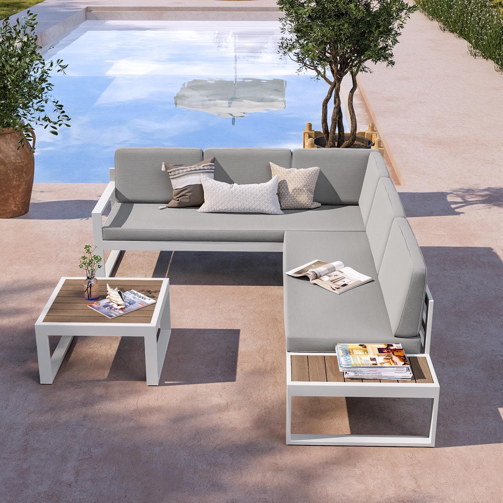 Set relax con divano angolare e tavolino in alluminio bianco con cuscini grigi - Kavos