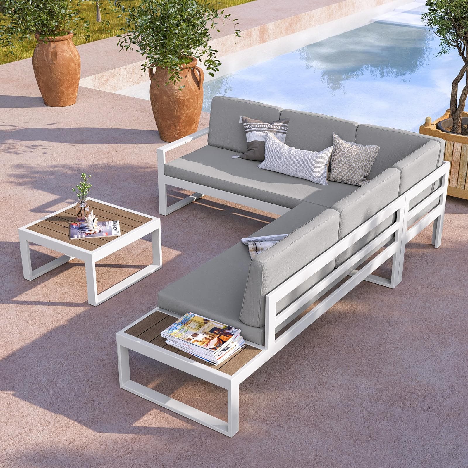 Set relax con divano angolare e tavolino in alluminio bianco con cuscini grigi - Kavos