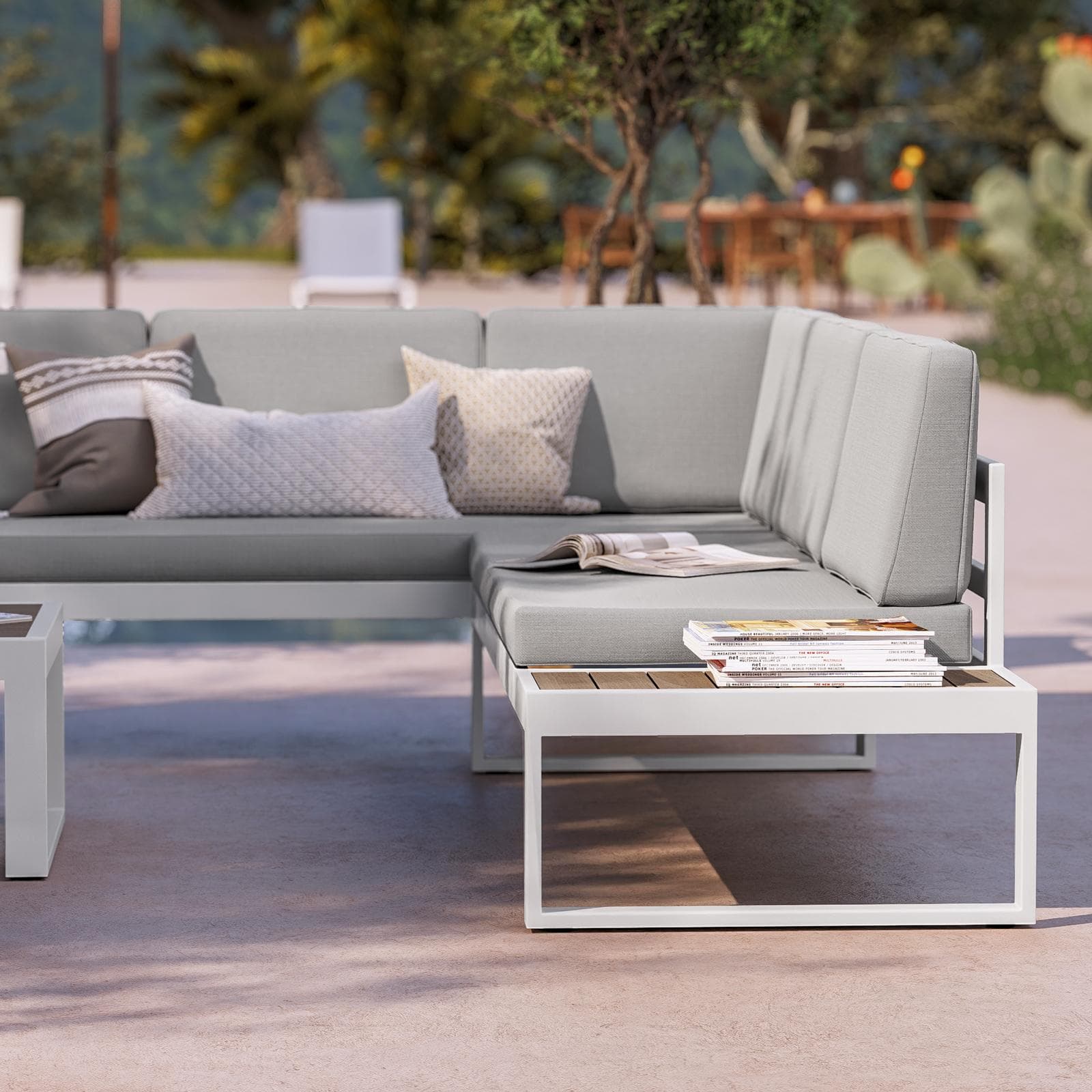 Set relax con divano angolare e tavolino in alluminio bianco con cuscini grigi - Kavos