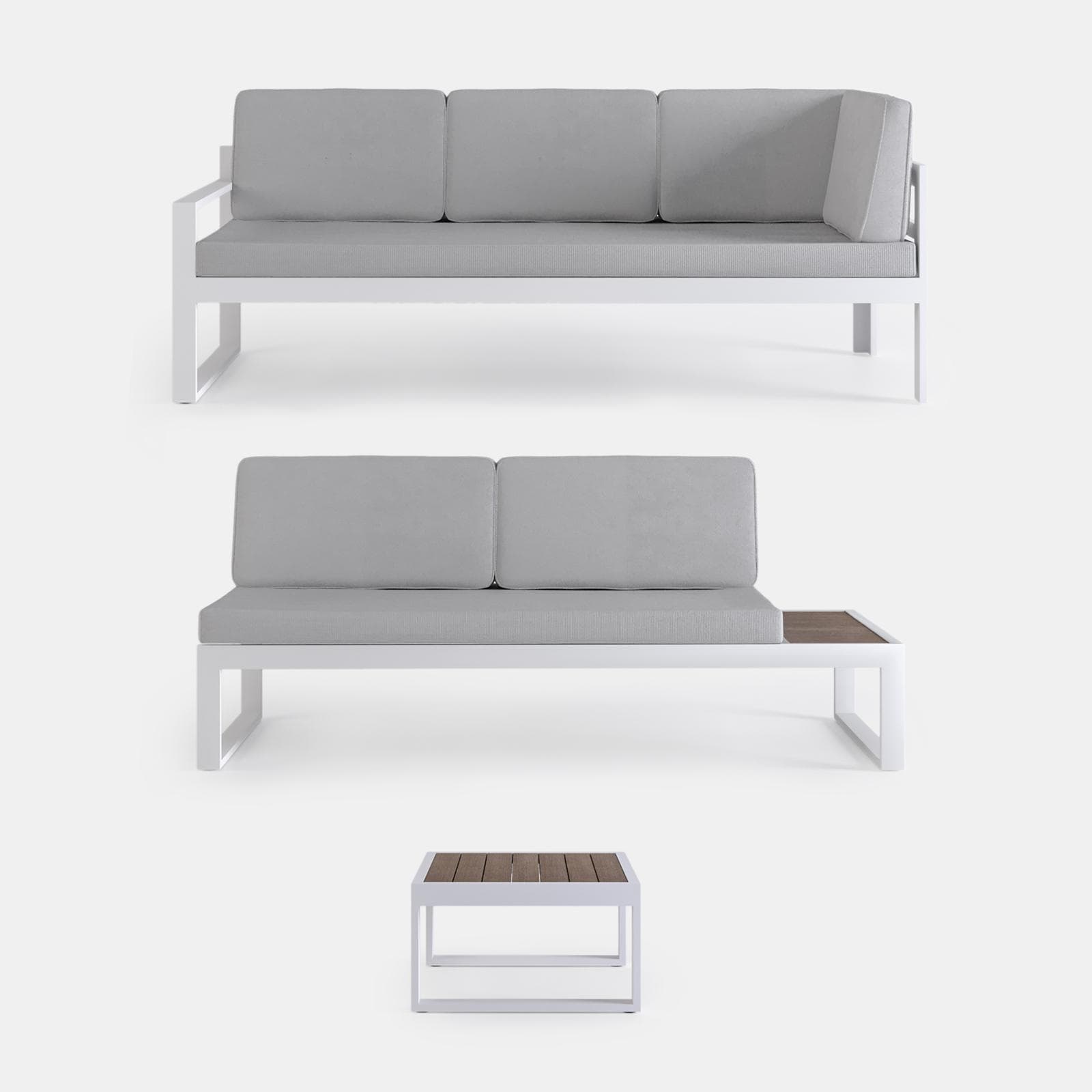 Set relax con divano angolare e tavolino in alluminio bianco con cuscini grigi - Kavos
