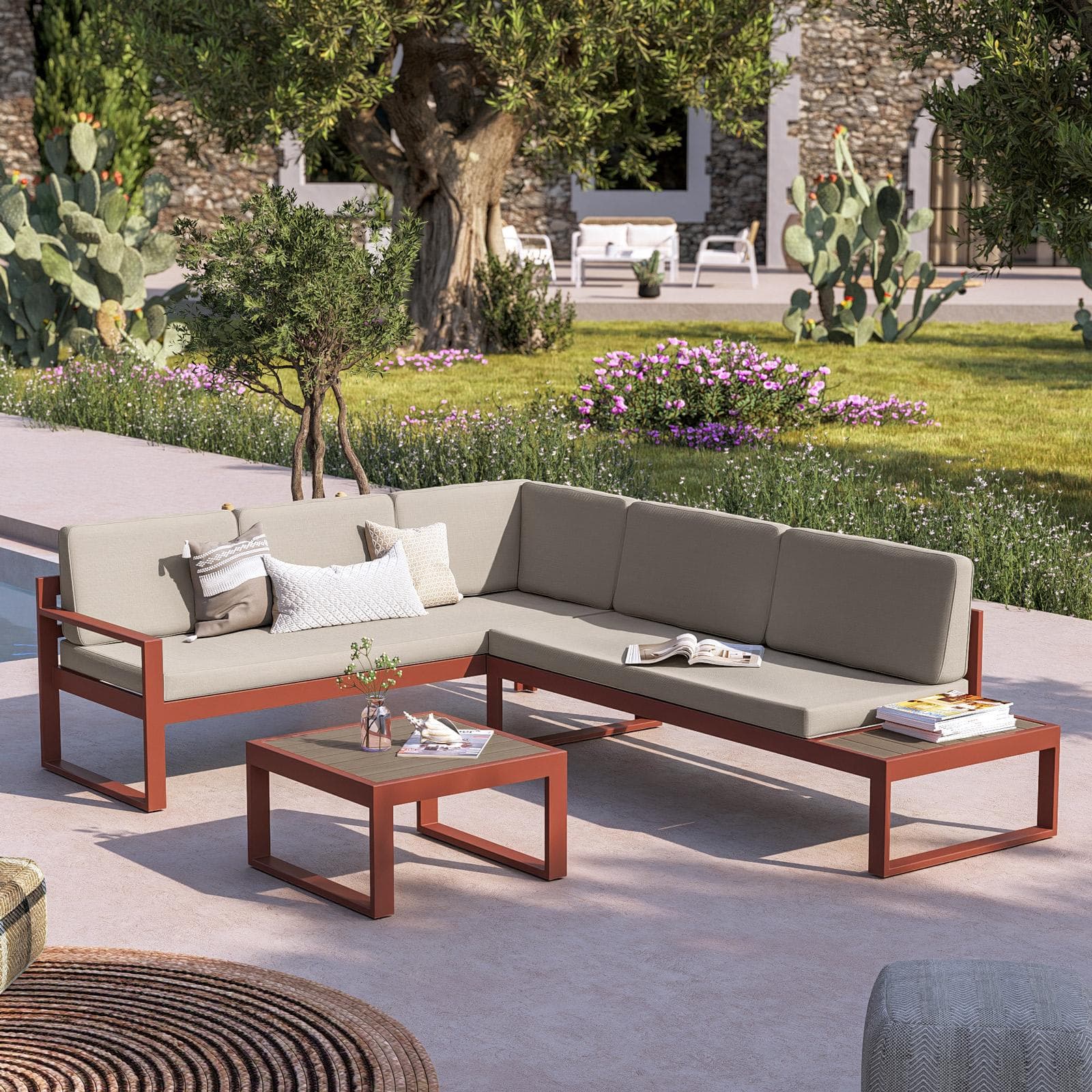 Set relax con divano angolare e tavolino in alluminio terracotta con cuscini tortora - Kavos