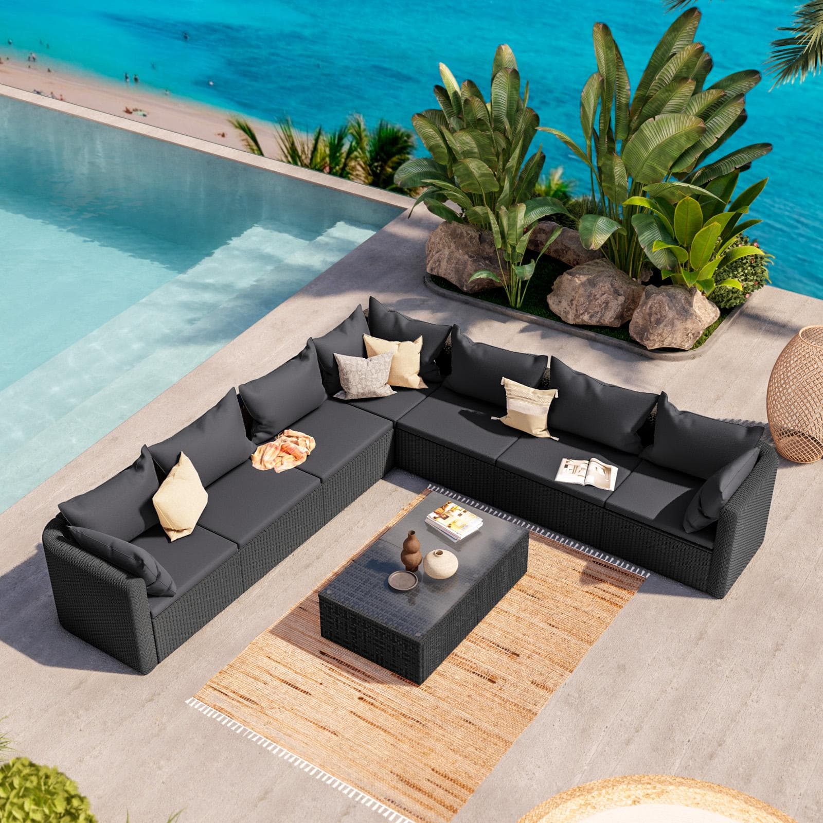 Set relax con divano angolare e tavolino in polyrattan nero con cuscini - Horizon