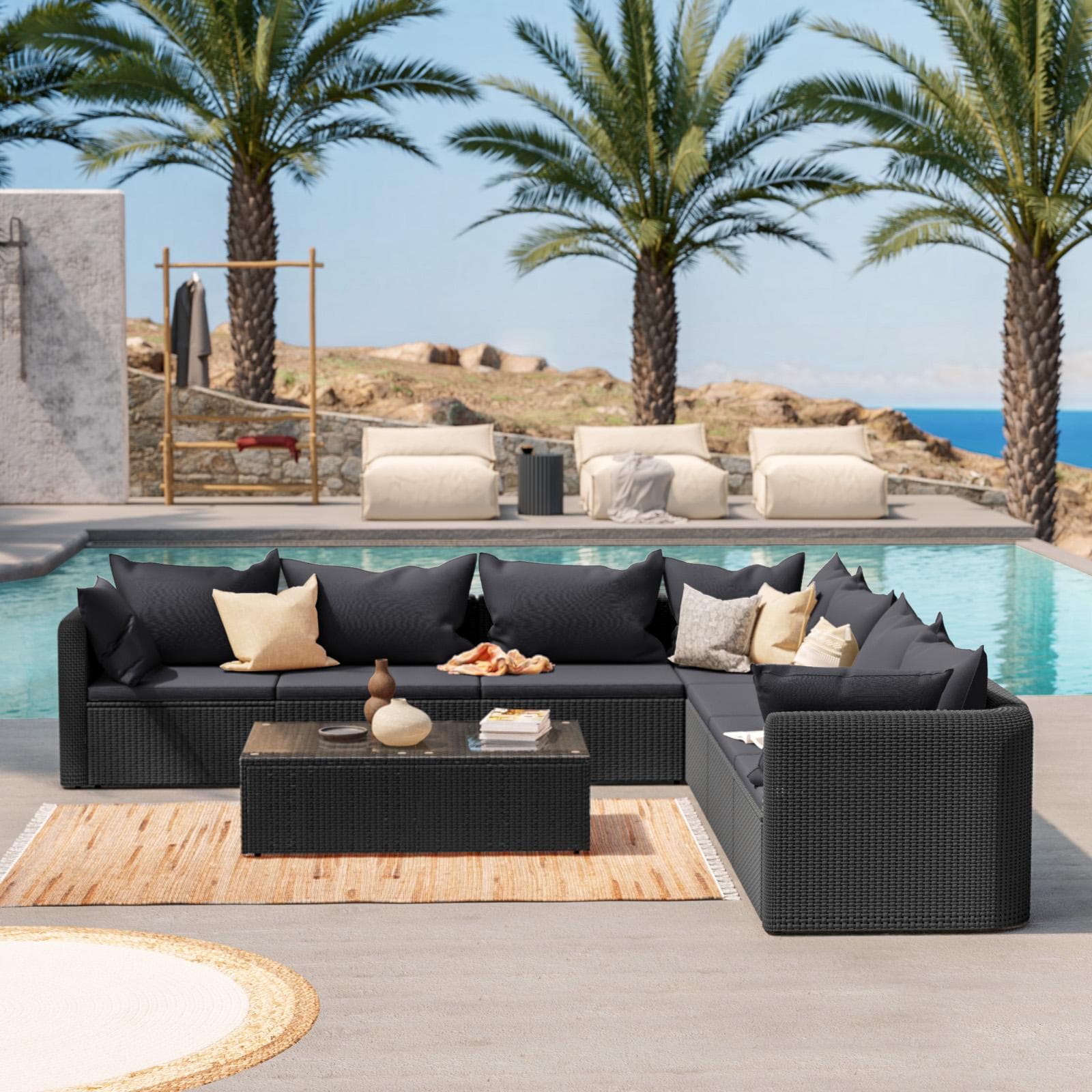 Set relax con divano angolare e tavolino in polyrattan nero con cuscini - Horizon
