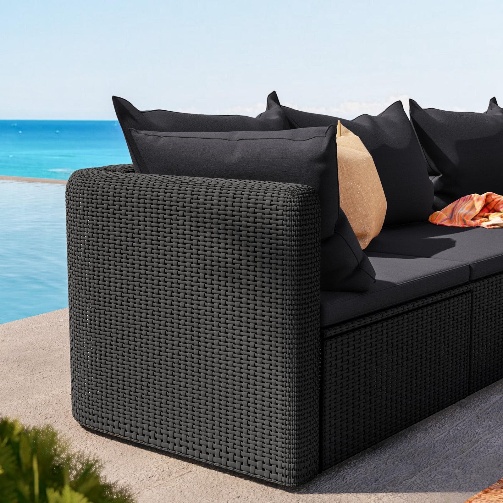 Set relax con divano angolare e tavolino in polyrattan nero con cuscini - Horizon