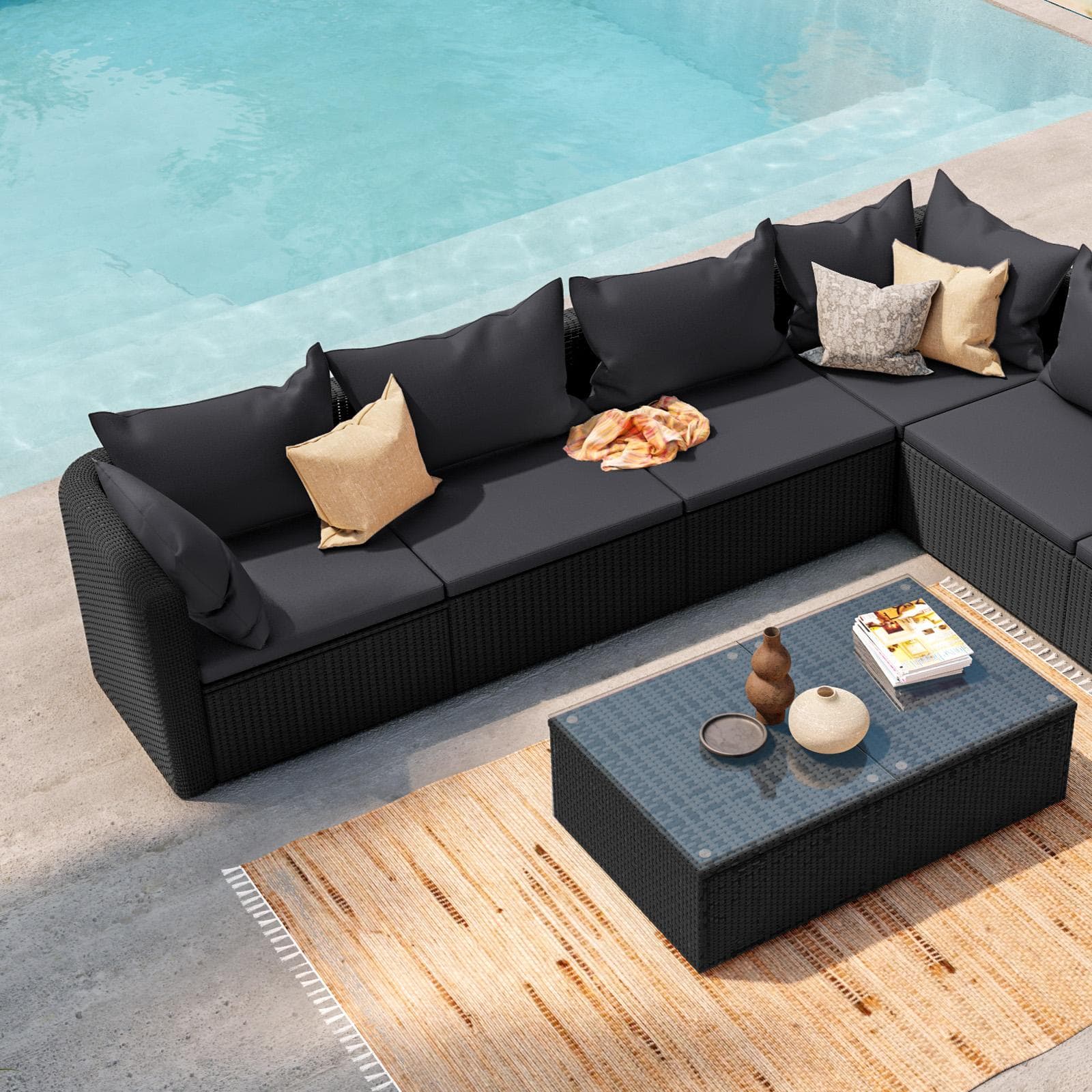 Set relax con divano angolare e tavolino in polyrattan nero con cuscini - Horizon